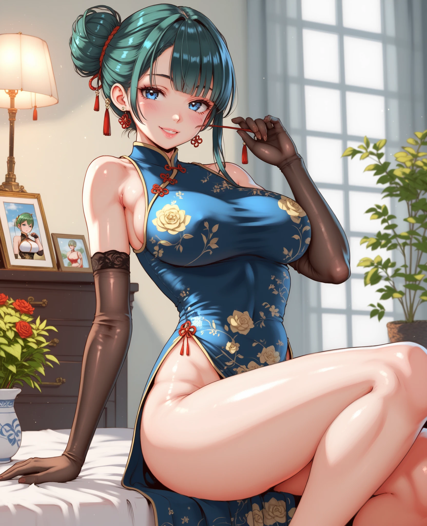 (Masterpiece), Best Quality, ultra-detailed, 1girl (jessie pokemon, Big and pretty breasts, purple hair, hair bun,blue eyes, half-closed eyes),a shallow face, wicked smile, parted lips, facing viewer, looking at viewer, nose blush, blush, head tilt, mascara, full makeup, glow lipstick, solo,opera dress, ornate dress, bows, long dress, in the livingroom, dark, dark light, standing, Sexy waist teasing, ,