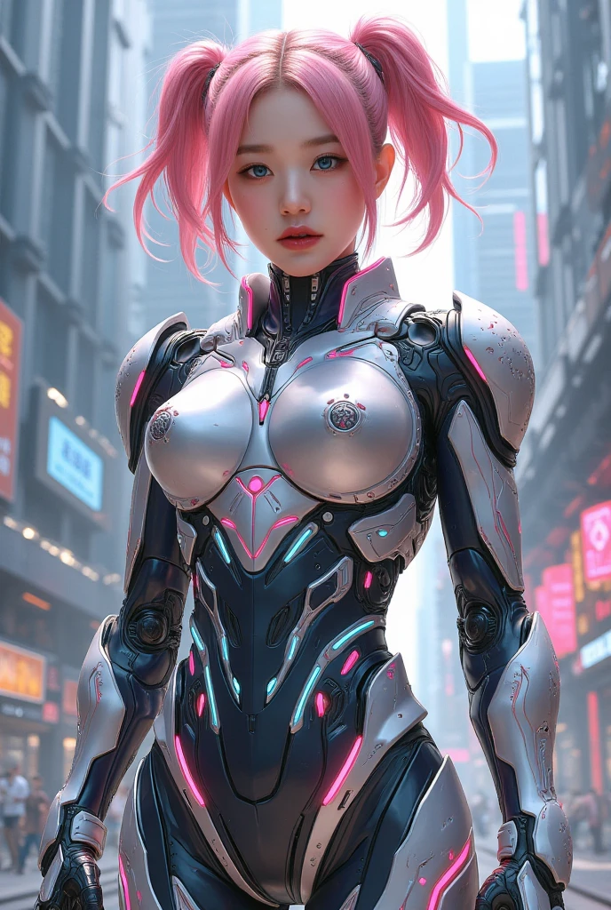 (nsfw:1.1)、Very beautiful woman、Slender women、(Detailed face)、Realistic Skin、((Delicate photo)),(Girl Masterpiece RAW Photo Details:1.25), (Highest quality:1.6), (Ultra-high resolution:1.5), (Realistic:1.75), 8K resolution, Canon EOS R5, 50mm, Absurd, Ultra-detailed,Cinema Lighting、One girl, White hair,((hime_cut))、Smile、 Window Shades,((Ultra tight pink jacket coat)), Chest Rig, cyber punk, ((Techwear)),I can see your abs、Bra Top、((Big Breasts))、((The abdomen is visible))、(((Ultra-delicate and futuristic design)))、Biting into the crotch、((logo))、((Text on clothing))、((Micro Size Underwear))、((With futuristic weapons))、(((Giant Gauntlet)))、(((asymmetrical bangessy hair))
