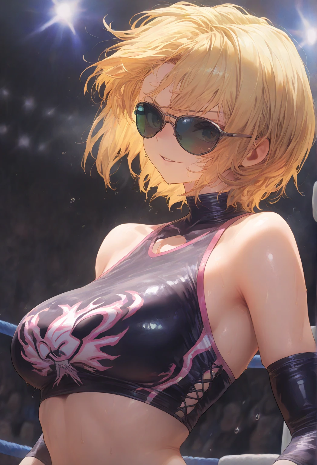 (((masterpiece、Highest image quality、highest quality、highly detailed unity 8kwallpaper)))、((Illustration of one girl))、(((beautiful girl、cool)))、((blonde、pixie cut:1.2、two side up、sidelocks、green eyes))、(((tall:1.3、stocky build, thickset physique:1.3, muscular legs, broad shoulders, solid chest)))、swimsuit、sandy beach