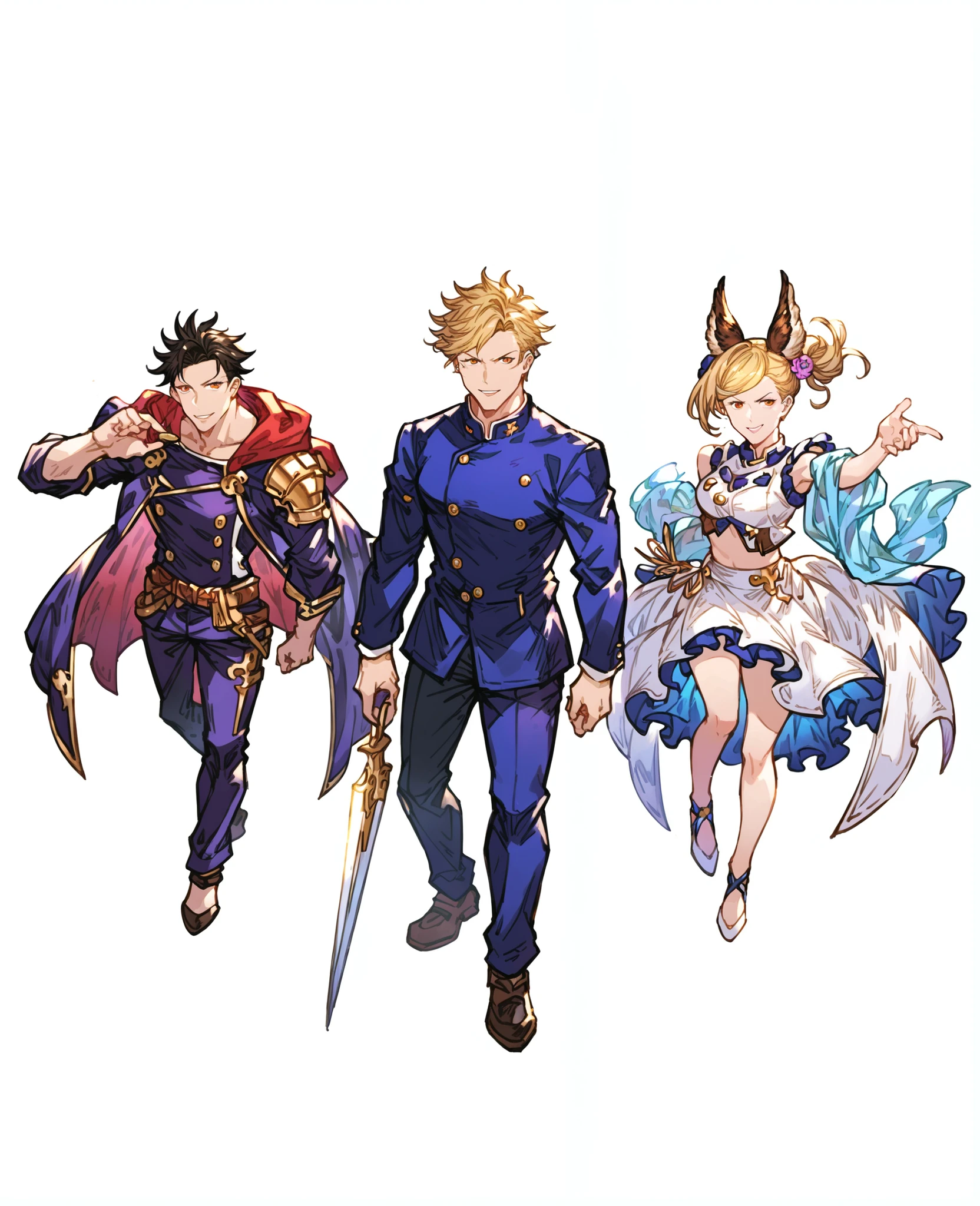 score_9, score_8_above, score_7_above, Tops, anime origin, Minaba Hideo style (granblue fantasy), defined lines, vibrant colors, high quality BREAK art, a group of three people wearing the Jujutsu Kaisen uniform, Confident pose, completely transparent white background, full body