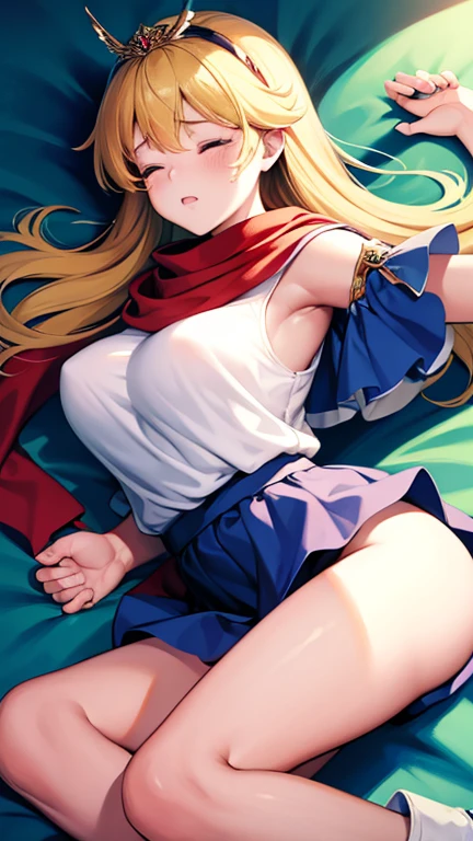 piperBS, 1girl, blonde hair, hair bun, blue dress, puffy sleeves, short sleeves, pink gloves, fingerless gloves, pink belt, shoes, blue footwear, cute and blushing 18 years old anime girl, look away because she is embarrassed and blushes, bright blue eyes, detailed face, detailed members, detailed arms, detailed hands, ((((sparkling diamond jewelry)))), tiara, ((makeup)), high heels, puffy sleeves, long gloves, long eyelashes, Girl lying, tied by ropes, shackled, can no longer move, tied tightly, very hard tied up with lots of ropes, hampered by so many ropes that she can no longer move, bound hands and feet, ropes tie his whole body, tied extremely tightly and forcefully to her bed by a lot of ropes, its limbs are strongly tied together by ropes, his torso is tied up with thick cords, her chest is so tied up with ropes that it sticks out, her legs are tied tightly with thick ropes, his hands are tied behind his back with ropes, she can no longer move her feet, her hands which are tied by thick ropes, she desperately tries to free herself, likes to be tied tight with big ropes, likes to be immobilized by big ropes, lying down, his hands and feet are strongly tied to the railing of his bed, his legs are pressed together and tied with ropes, its limbs are held vigorously by imposing ropes, her hands are tied securely behind her back by ropes, her chest is compressed by strong ropes, she is pressed against her bed and restrained by large ropes (shibari, arms behind the back:1.4), (hands on the back), (masterpiece, best quality) 1.5, 1girl, solo, (sexy, beautiful woman, perfect face, perfect eyes, perfect hands), samus aran, (shibari, arms behind the back:1.4), (hands on the back), Spread the legs, s' ((lie in bed by big ropes)), ((close up of the girl)), ((((lie in bed)))), ((((bedroom decor))))
