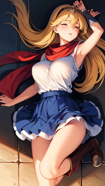 masterpiece, best quality, highres, heart hair ornament, ta1,blonde hair,long hair,yellow eyes, white jacket, sleeveless, blue skirt,((tight skirt)), miniskirt,fingerless gloves,smile,big tits  ,looking at viewer,top view,(standing), bracelet, Cyber city,blue neon lights,((perfect face)),perfect body, perfect , high definition,blush,((upper body)),(cleavage),(from behind),(huge ass),(show ass),(skirt lift:1.4), beautiful ass, detailed ass, cute ass