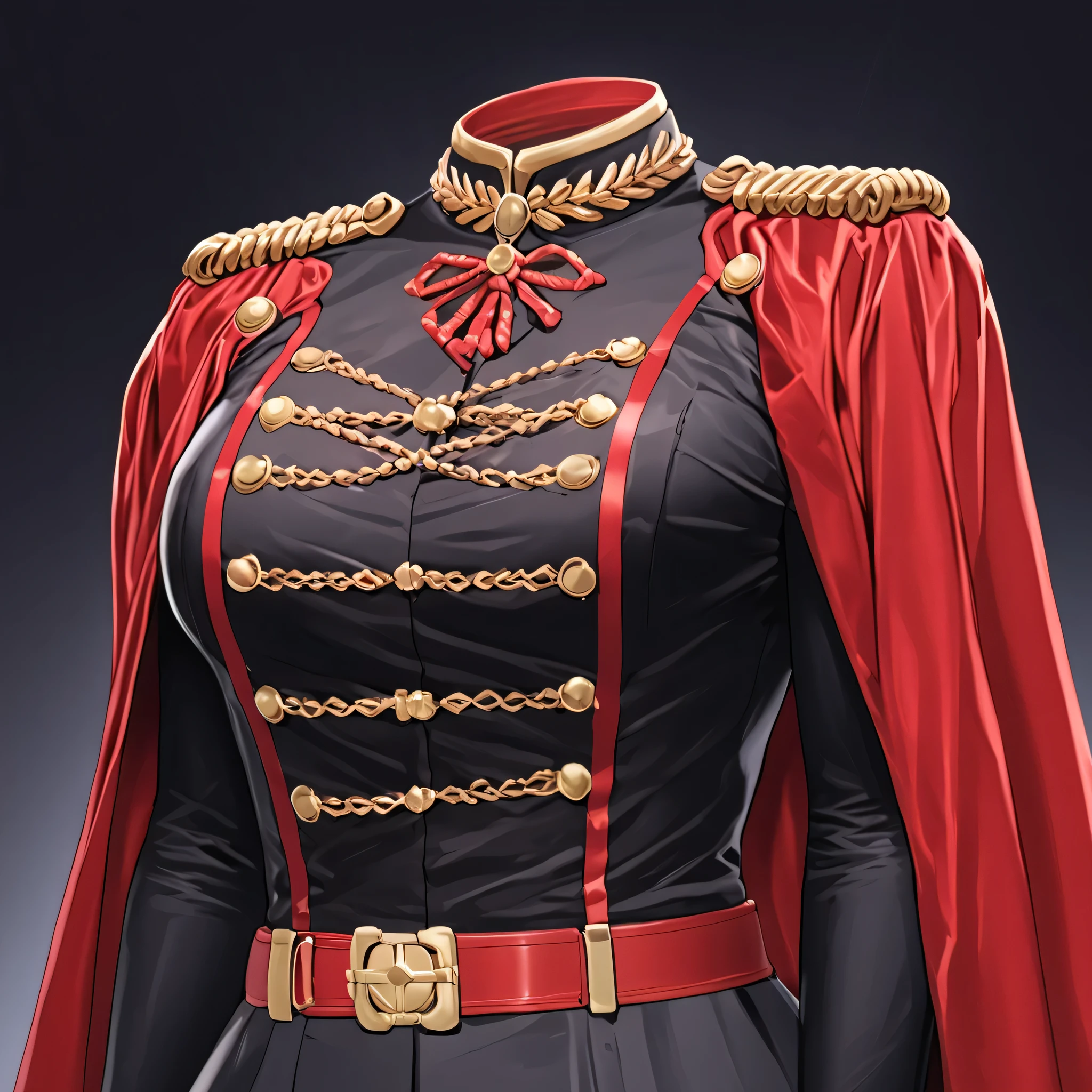 yamashiroren, military uniform, epaulettes, white gloves, red cape, belt, black pantyhose, commander, (invisible:1.5, no humans:1.5, headless:1.5, faceless:1.5), cute big breasts, detailed cloth texture, extremely details, close-up to breasts, (Best-quality, Masterpiece, Ultra-High-Resolution)