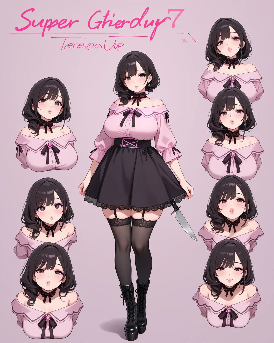 ((masterpiece)),(((Highest quality))),((Character design sheet)),Thin thighs,Long legs,A very cute 20 year old young woman from Japan..， ((Thin hair that is somewhere between brown and blonde)), ((Short hair with side waves)),Medium bust size､(Curly Hair)，(((A very kind smile))), (((She wears pink, Red and magenta lace panties)))，(((Wearing a black tight skirt, but、it is&#39;turned over in her hands.)))，(((He is wearing a black and white striped shirt.。)))  Highly detailed lips, Beautiful Eyes, City Street，