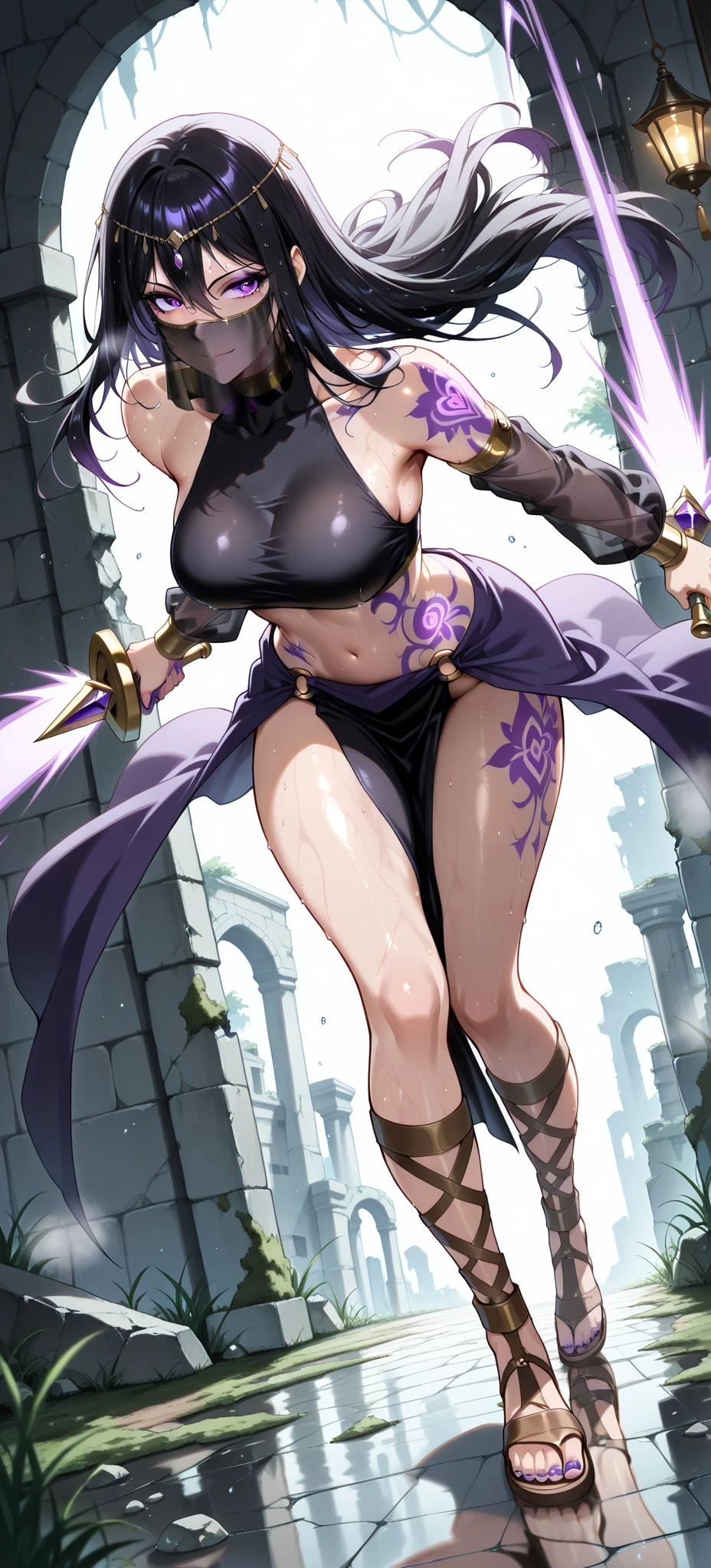 Young woman with purple short hair, gray skin and flat chest,High-fork swimsuit,cleavage,Bare arms,gauntlet,Bare Legs,Stockings,barefoot,short sword,wire,Standing,valley cliff