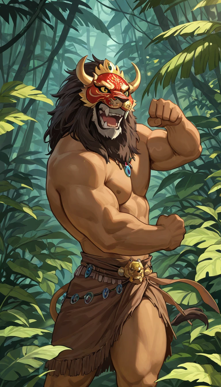 Bodybuilder fit feline, brown body, with flat chest, male, dryad, moss skin, and flower nipples, nullo, jungle, liana hair, anthro, vegetation growing on him, flowers growing from skin, grass loincloth