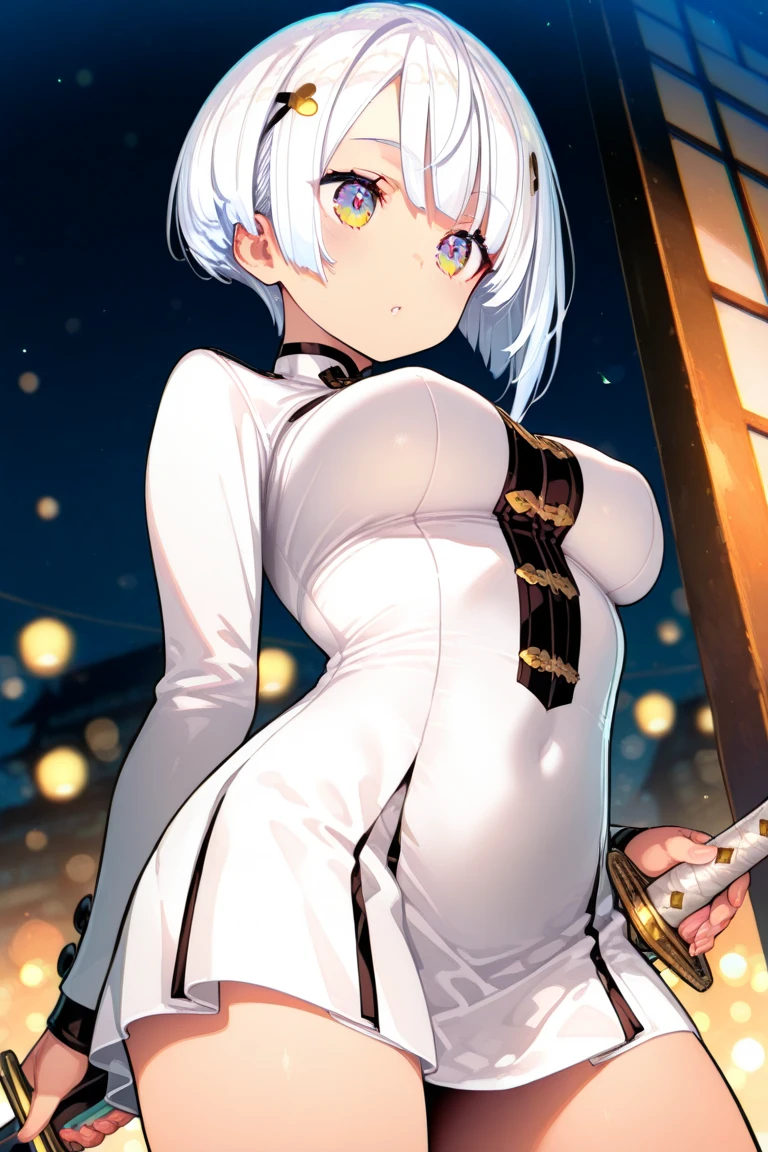 (girl),((horse ears)),(white kimono robe),(black tape),(((white eyes))),(((White skin))),(Black pants),((short white hair)),((medium tits)),((smiling)),((Sharp teeth))