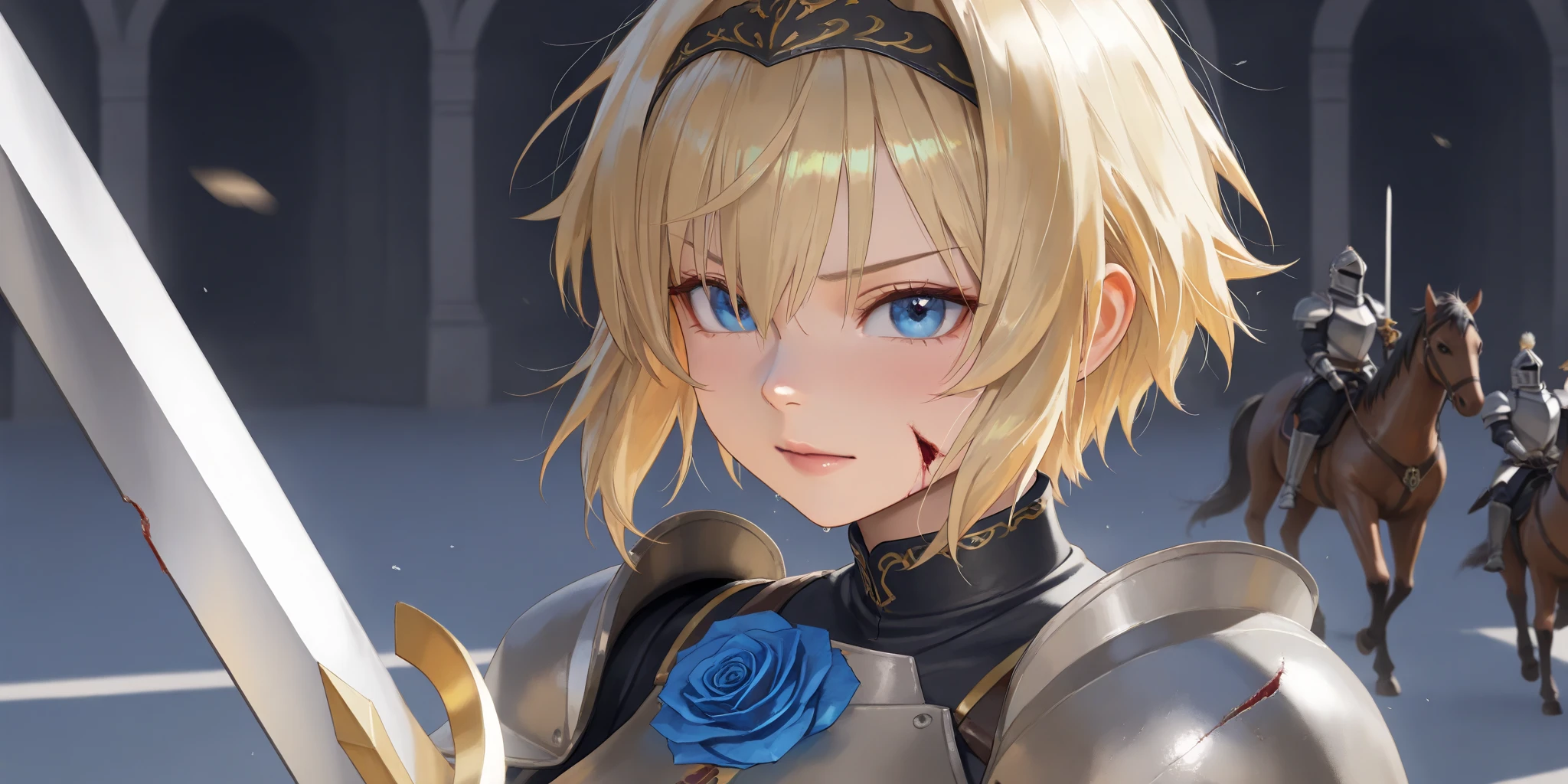 wide range shot, 
score_9, score_8_up, score_7_up, score_6_up, score_5_up, score_4_up, rating_safe, source_photorealistic
 BREAK {(masterpiece,best quality, 16K portrait, UHD, extremely beautiful detailed and super-fine-photorealistic expression)}
 BREAK {(super-fine-photorealistic expression:1.4),(super-fine-photorealistic face:1.5),(contour-emphasis),(beautiful artwork)}

The Blue Rose Knights are marching at cruising speed on their cavalry. The knights are made up entirely of women. The leader, an unknown female knight of the lower ranks, has a sword wound on her face and is a hero who has survived countless gruesome battlefields. Three strong female light infantrymen are running beside her as attendants. All of them are lightly armed and have a firm, springy gait, moving swiftly while keeping their eyes on the ground. The elite knights number 200 and are all mounted on horseback. They are running at a steady pace without getting too close to each other.