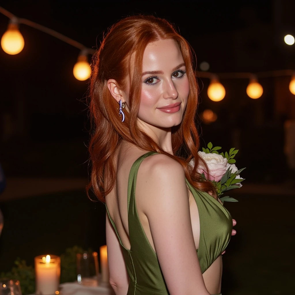 A happy, full body beautiful photo of the most beautiful redhead young woman, natural beauty, no makeup with pale skin, long wavy rich ginger hair, blue eyes, hollow cheeks, freckles on face and body, aesthetic long feminine green dress, in a fancy restaurant at night (Ultra details, High Quality)