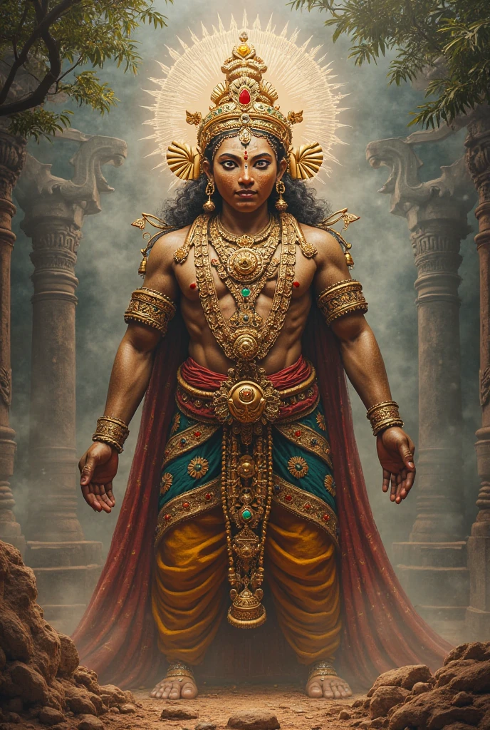 Make a poster that includes mythical creatures such as rakshasas and yakshas as well as naga guardians and include emperor Ashoka with some Buddhist represent, HIGHLIGHT the ancient scrolls, as it is the most important part of the poster and create symbols of battle near the scrolls, make this poster take place in Mauryan cities