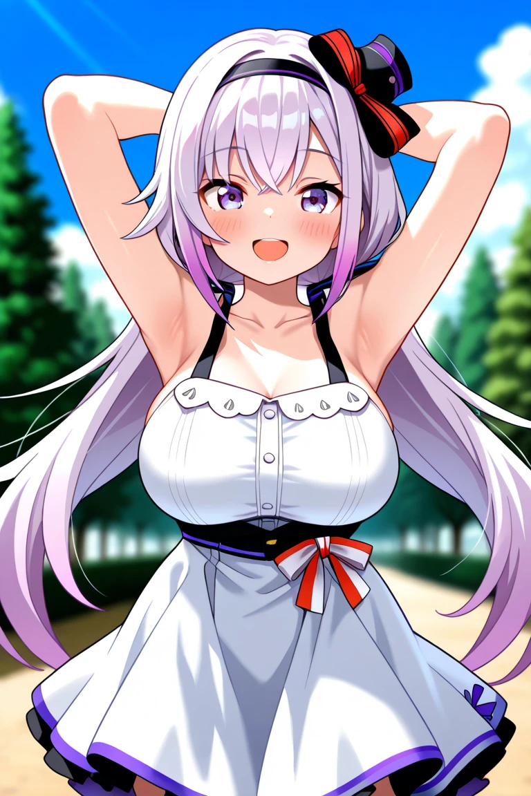 (( close、16k、highest quality、Attention to detail、Rich skin detail, nsfw、Loli)),(((((Brown Skin)))))、((Torn clotheuscular)、 (Beautiful Eyes), ((Swollen nipples、Huge breasts、Raise your hand、Both armpits))、 ((White Shirt、Pink Ribbon、blue mini skirt))、(Blue Eyes)、((White Hair、Blunt Bangs、long hair、Straight Hair、Ahoge)),  ((blush))、(Wide Hips、Thick thighs)、((((Embarrassing、smile))))、((In town))