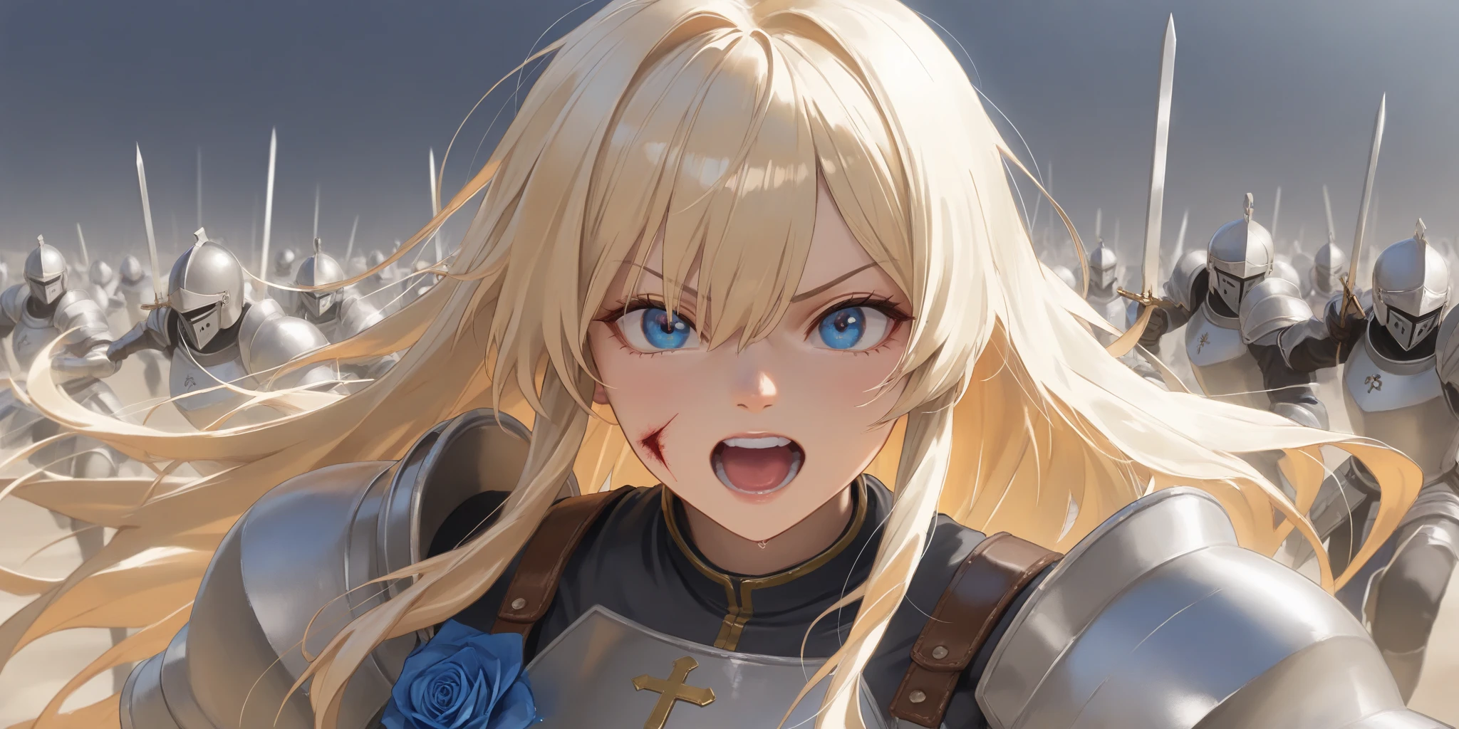 wide range shot, 
score_9, score_8_up, score_7_up, score_6_up, score_5_up, score_4_up, rating_safe, source_photorealistic
 BREAK {(masterpiece,best quality, 16K portrait, UHD, extremely beautiful detailed and super-fine-photorealistic expression)}
 BREAK {(super-fine-photorealistic expression:1.4),(super-fine-photorealistic face:1.5),(contour-emphasis),(beautiful artwork)}

The Blue Rose Knights are marching at cruising speed on their cavalry. The knights are made up entirely of women. The leader, an unknown female knight of the lower ranks, has a sword wound on her face and is a hero who has survived countless gruesome battlefields. Three strong female light infantrymen are running beside her as attendants. All of them are lightly armed and have a firm, springy gait, moving swiftly while keeping their eyes on the ground. The elite knights number 200 and are all mounted on horseback. They are running at a steady pace without getting too close to each other.