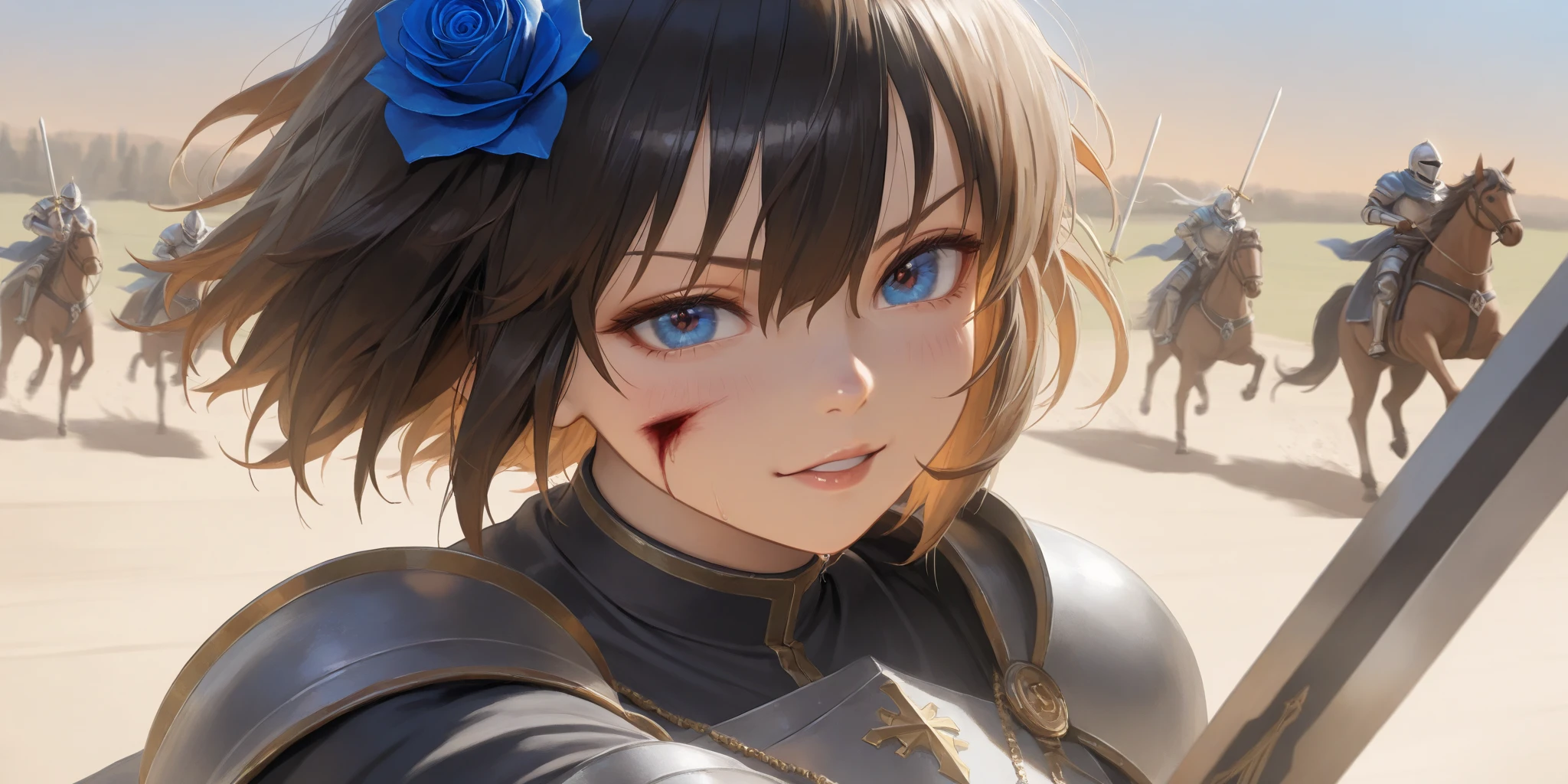 wide range shot, 
score_9, score_8_up, score_7_up, score_6_up, score_5_up, score_4_up, rating_safe, source_photorealistic
 BREAK {(masterpiece,best quality, 16K portrait, UHD, extremely beautiful detailed and super-fine-photorealistic expression)}
 BREAK {(super-fine-photorealistic expression:1.4),(super-fine-photorealistic face:1.5),(contour-emphasis),(beautiful artwork)}

The Blue Rose Knights are marching at cruising speed on their cavalry. The knights are made up entirely of women. The leader, an unknown female knight of the lower ranks, has a sword wound on her face and is a hero who has survived countless gruesome battlefields. Three strong female light infantrymen are running beside her as attendants. All of them are lightly armed and have a firm, springy gait, moving swiftly while keeping their eyes on the ground. The elite knights number 200 and are all mounted on horseback. They are running at a steady pace without getting too close to each other.