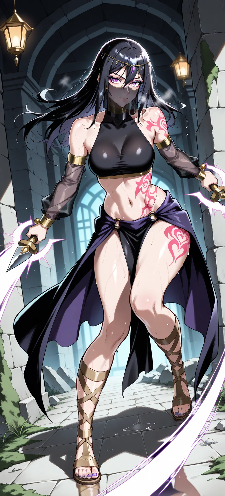 masterpiece, hyperrealistic, best quality, full body image, combat stance, (ultimecia from ffviii), horns, facial markings, white hair, time sorceress ultimecia's dress, purple magical energy around her