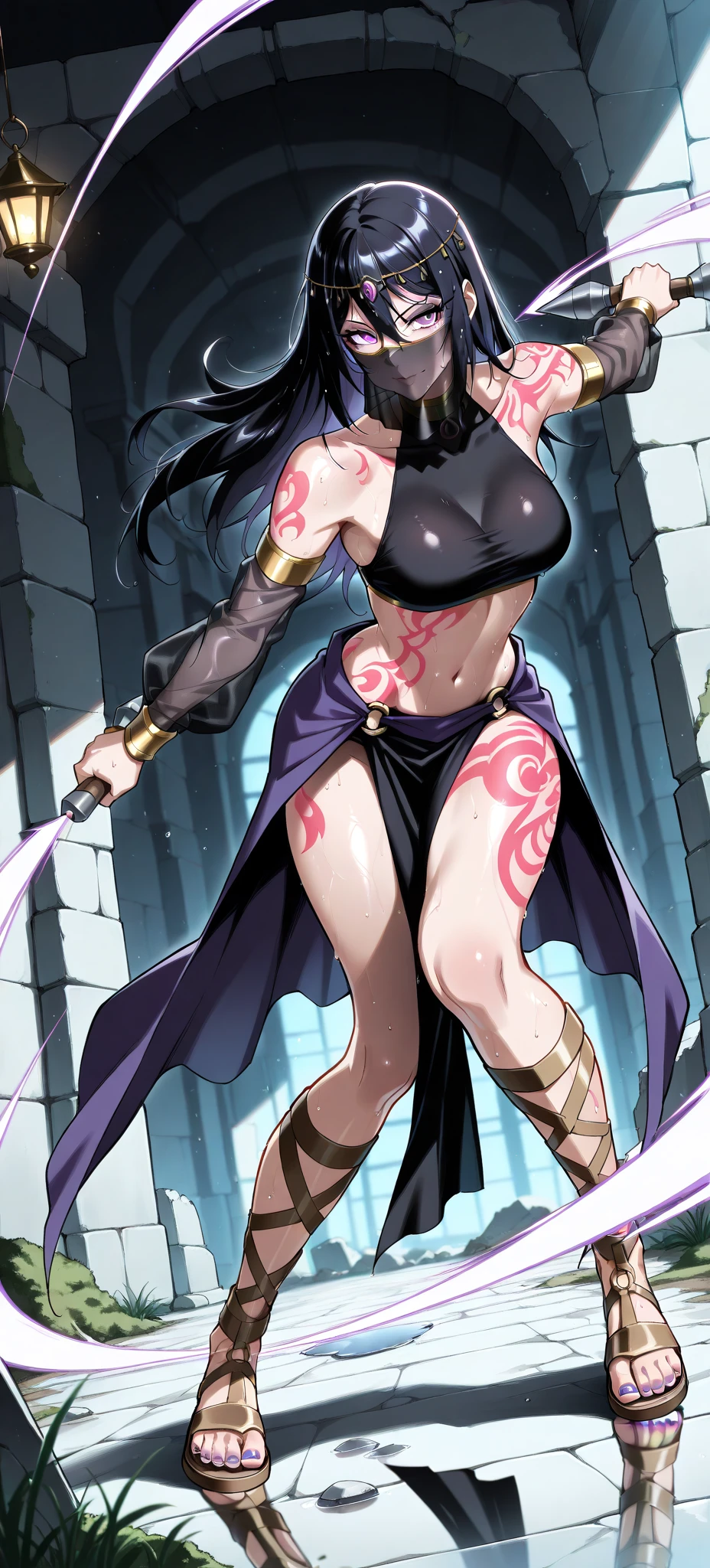 Masterpiece, best quality, expressive eyes, perfect face , 1girl, solo, breasts, black hair, weapon, mask, ninja, cleavage, pointy ears, large breasts, long hair, ponytail, tattoo, thighhighs, hair over one, purple eyes, pelvic_curtain, panties