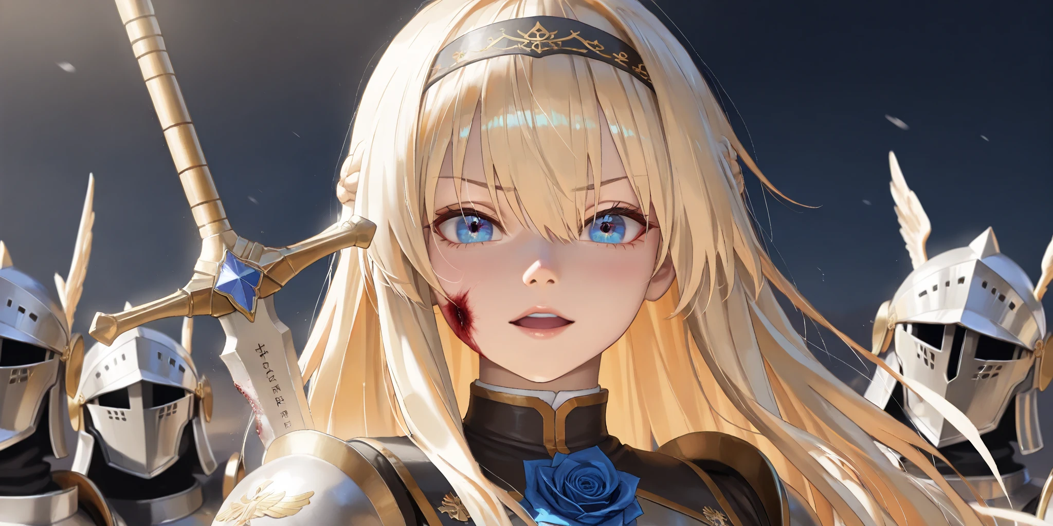 wide range shot, 
score_9, score_8_up, score_7_up, score_6_up, score_5_up, score_4_up, rating_safe, source_photorealistic
 BREAK {(masterpiece,best quality, 16K portrait, UHD, extremely beautiful detailed and super-fine-photorealistic expression)}
 BREAK {(super-fine-photorealistic expression:1.4),(super-fine-photorealistic face:1.5),(contour-emphasis),(beautiful artwork)}

The Blue Rose Knights are marching at cruising speed on their cavalry. The knights are made up entirely of women. The leader, an unknown female knight of the lower ranks, has a sword wound on her face and is a hero who has survived countless gruesome battlefields. Three strong female light infantrymen are running beside her as attendants. All of them are lightly armed and have a firm, springy gait, moving swiftly while keeping their eyes on the ground. The elite knights number 200 and are all mounted on horseback. They are running at a steady pace without getting too close to each other.