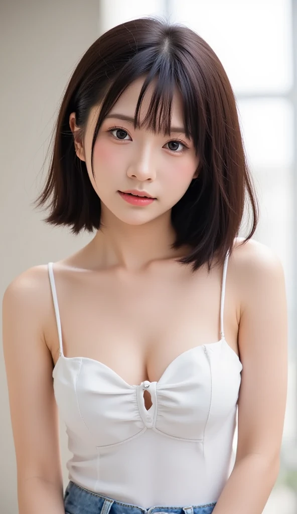 ((1 girl:1.4)), (Wear a white camisole:1.4), ((round face:1.2))、Looking at the camera、Beautiful Japanese Idols,((Close-up of face))、No underwear、(RAW Photos, Highest quality), (Realistic:1.3), (masterpiece), Very delicate and beautiful, Very detailed, 2k wallpaper, wonderful, finely, Very detailed CG Unity 8K 壁紙, Very detailed, High resolution, Soft Light, Beautiful detailed girl, Very detailed目と顔, Beautiful and sophisticated nose, Big beautiful eyes, Cinema Lighting, (Simple light color background:1.3),(Medium Hair), (Parted bangs), Complete Anatomy, Slender body,Small breasts, Sensual look