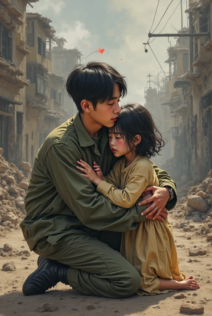 A South Korean soldier, but of Turkish origin, a young man, is crying because he was separated from his 6-year-old Asian girl during the 1950 war, but the girl is also in the picture.