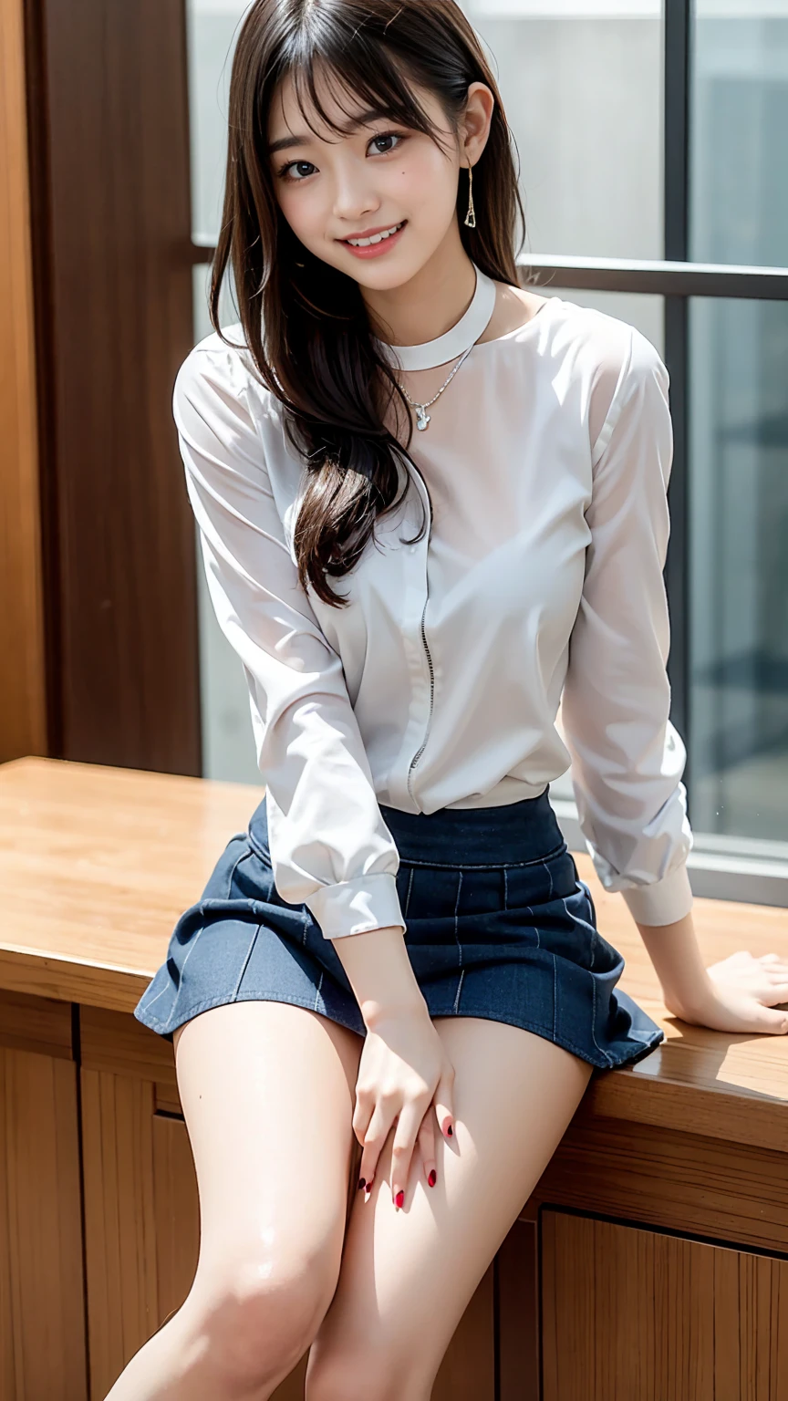 (masterpiece, Highest quality:1.2), Surreal school girl, alone, One girl,Ultra mini skirt,I can see your pants , (Shiny skin), sweating, smile, View your viewers , Knee socks, Sit down and put up one leg, likeい女性、like々A cute and innocent appearance、Short straight bob hairstyle、Soft and delicate features、Calm expression、A very thin shirt、Warm and soft colors、Calm atmosphere、Thoughtful Thoughts。
