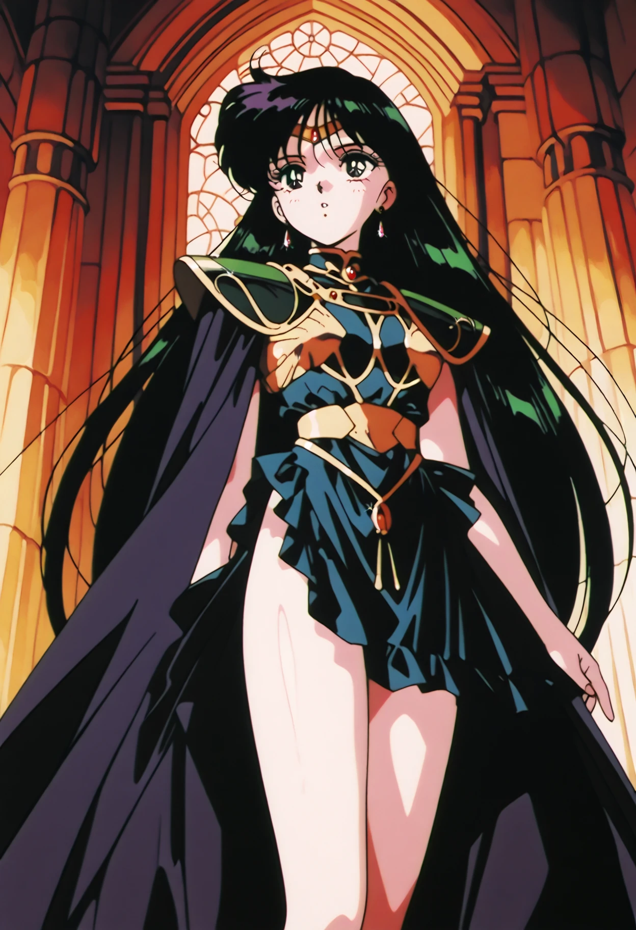 Athens, female, adult, medium black hair, wearing a barbie-style ballerina costume of bright colors and frills and black fishnet stockings and a white mecha mask with horns and yellow eyes, jewelry is aqua and gold earrings and gold and pink necklace, background is yellow skies and green bushes with pink flowers, masterpiece, best quality