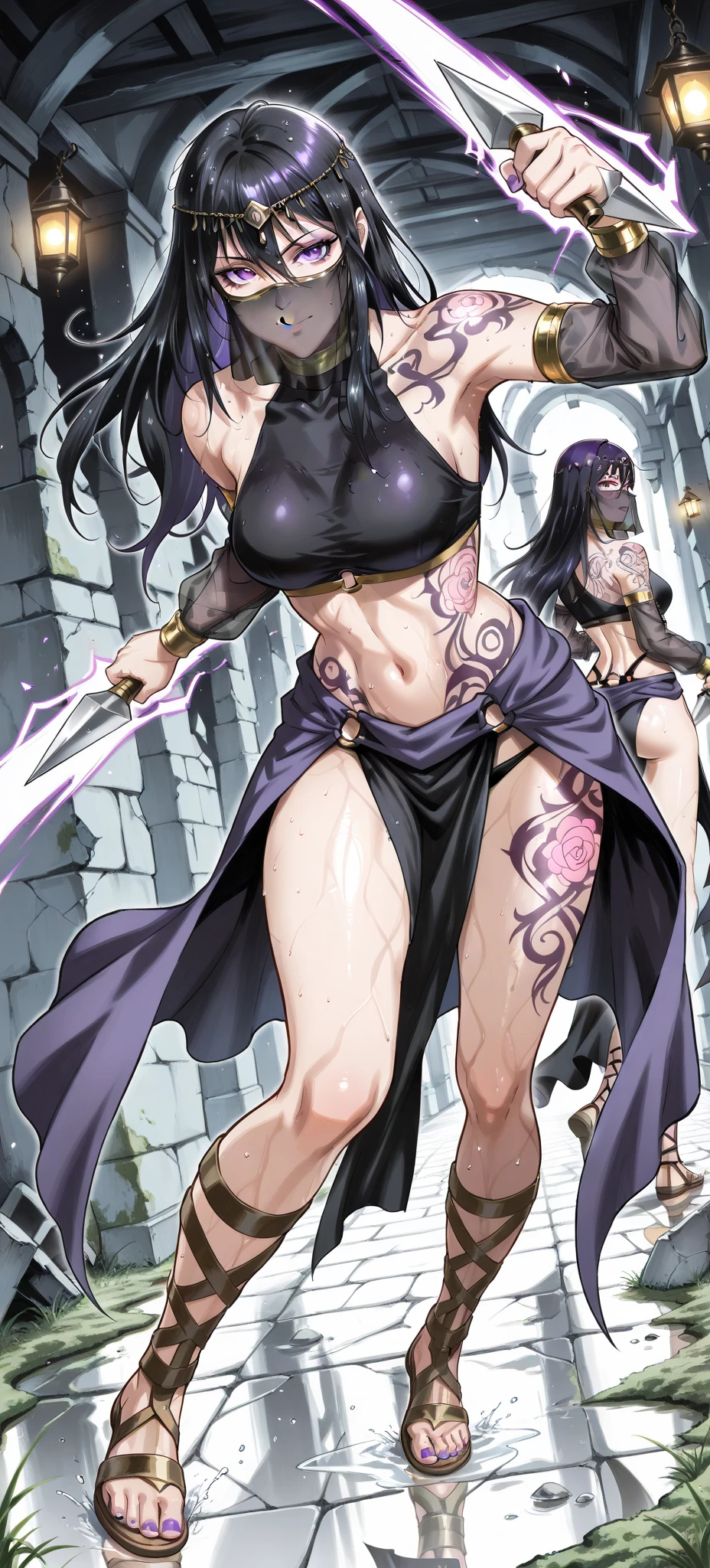 A female pirate swordsman with purple hair and tan skin