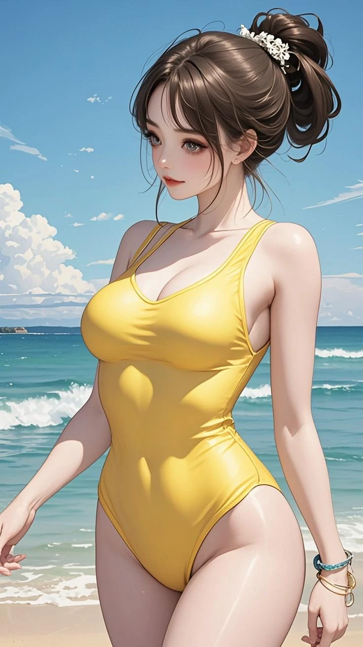 1voluptuous  girl, 25 years old, very sexy body, she's standing watching at se sea, sexy posture, huge nude tits, turgid nipples,  Wearing a short and very low-cut floating yellow dress without panties in a windy sunny day at the beach, she's Aroused ((masterpiece))