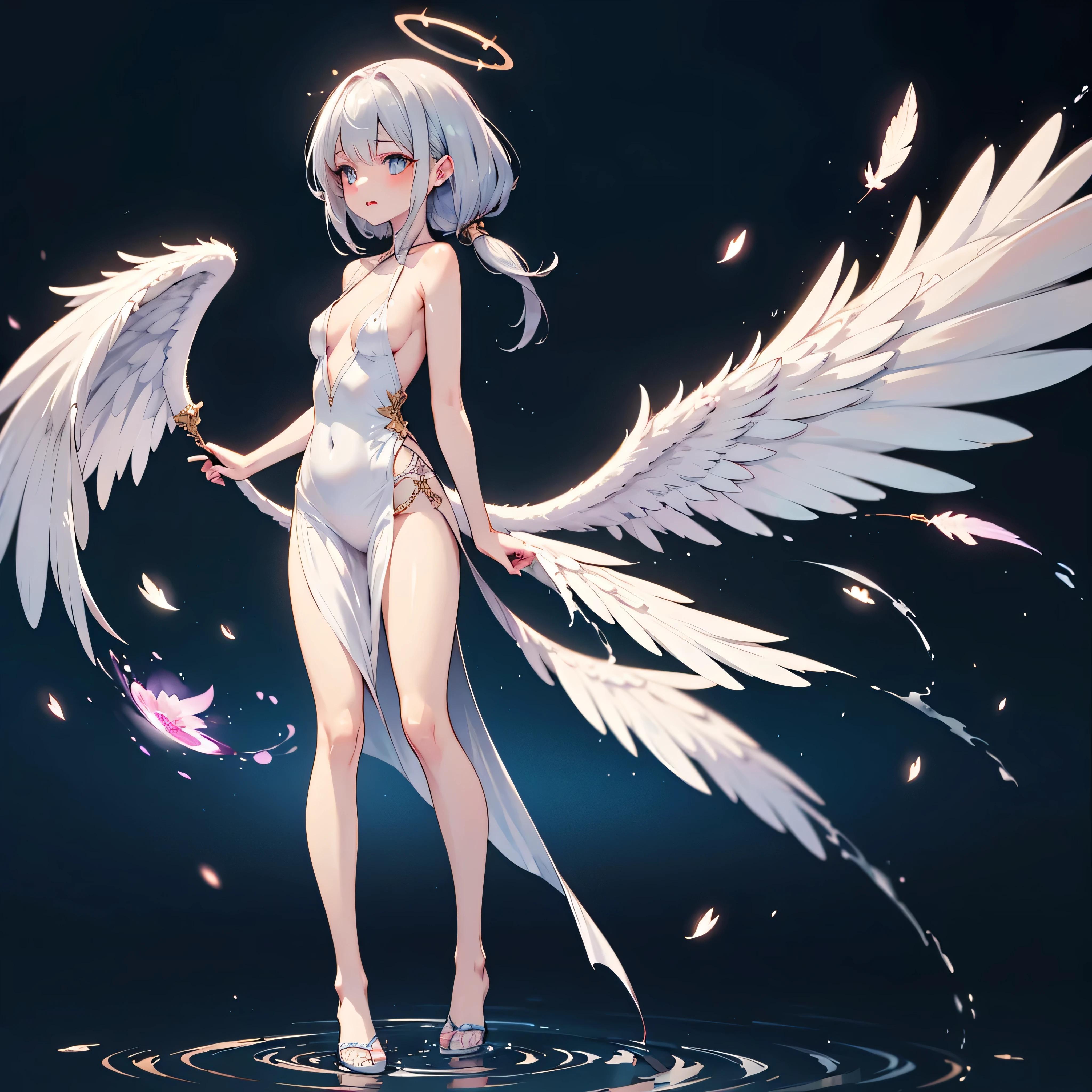 masterpiece, best quality, flugel original character, wearing a thin translucent white silk dress, sideboob visible, no bra, deep side slit, dress clinging to body shape, ethereal wings with glowing feathers, floating golden halo, seductive expression, silver long hair, standing in soft glowing mist, subtle sparkles in air, fantasy anime style, full body, soft lighting, sfw sexy