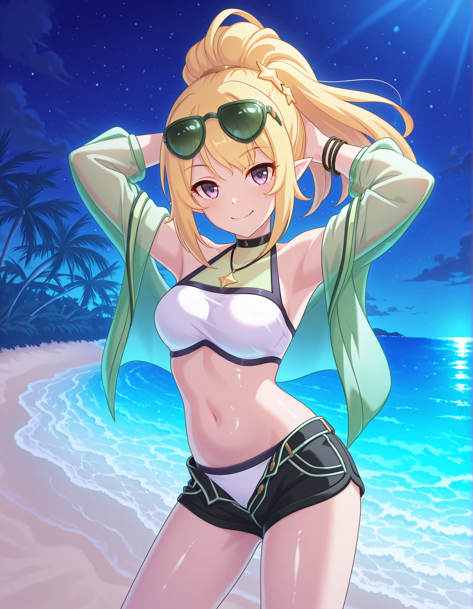 1 girl, mellow, yellow hair, pigtail hairstyle, Eyes red, breasts big, straw hat, See-through white dress, bikini bottom, beach background