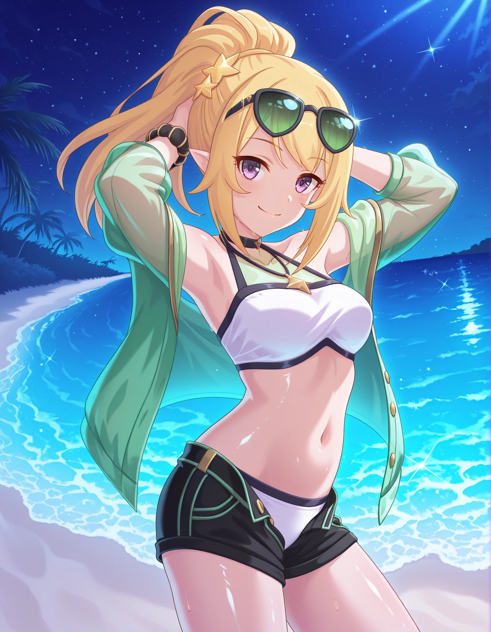 chloewinterPCR, long hair,blonde hair, hair ornament, navel, bare shoulders, purple eyes, jacket, swimsuit, ponytail, sidelocks, bikini, thighs, open clothes, pointy ears, midriff, off shoulder, stomach, open jacket, short shorts, halterneck, black choker, white bikini, black shorts, sunglasses, eyewear on head, green jacket, star hair ornament, open fly,green see-through, source anime, shiny skin, high quality, solo, night sky, beach, hands behind head, ((contrapposto)), closed mouth, cowboy shot, looking at viewer, smile, best quality