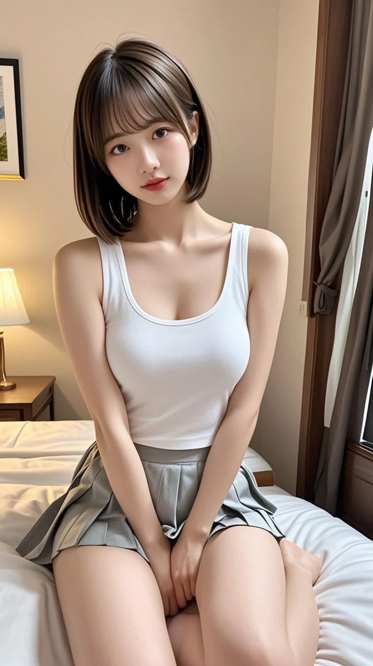 muste piece, best quality, illustration, Super detailed, fine details, High resolution, 8K,wall paper, perfect dynamic composition,(Details High quality, realistic depiction of eyes:1.3), Tight white see-through knitwear, pleated skirt、sitting with legs apart, big breasts, short bob hair、black hair color, Big Natural Color Lip, bold sexy pose, (perfect body shape), crying a little、cold gaze, Harajuku style、20 year old girl、cute type、lolita、beautiful legs, hotel room, gravure idol