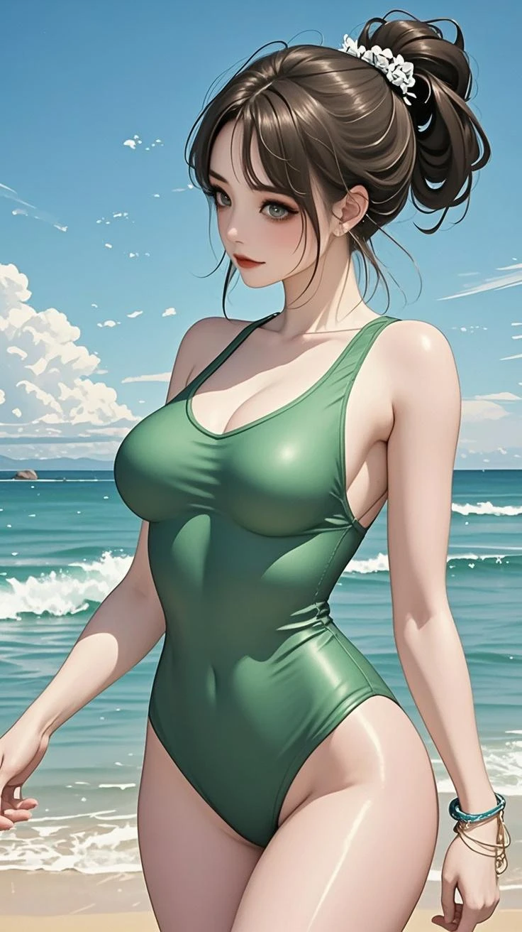 A serene Western woman with medium-length brown hair in braids stretching on the beach. She is wearing a green sports swimsuit.