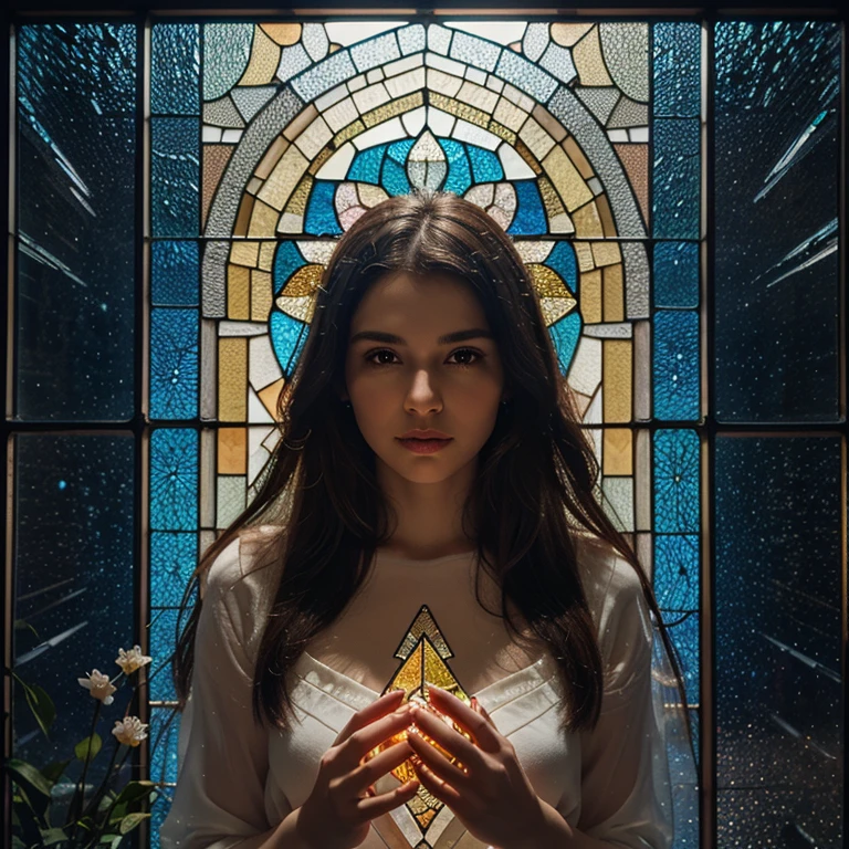 a Vitral window with a picture of a woman holding a hourglass, Vitral tarot style, Vitral, maxim verehin Vitral, vitral, vitrais quebrados, Vitral style, gothic Vitral style, Vitral art, Vitral window, backlit Vitral, golden twilight Vitral, Vitral background, vitrais de incêndio