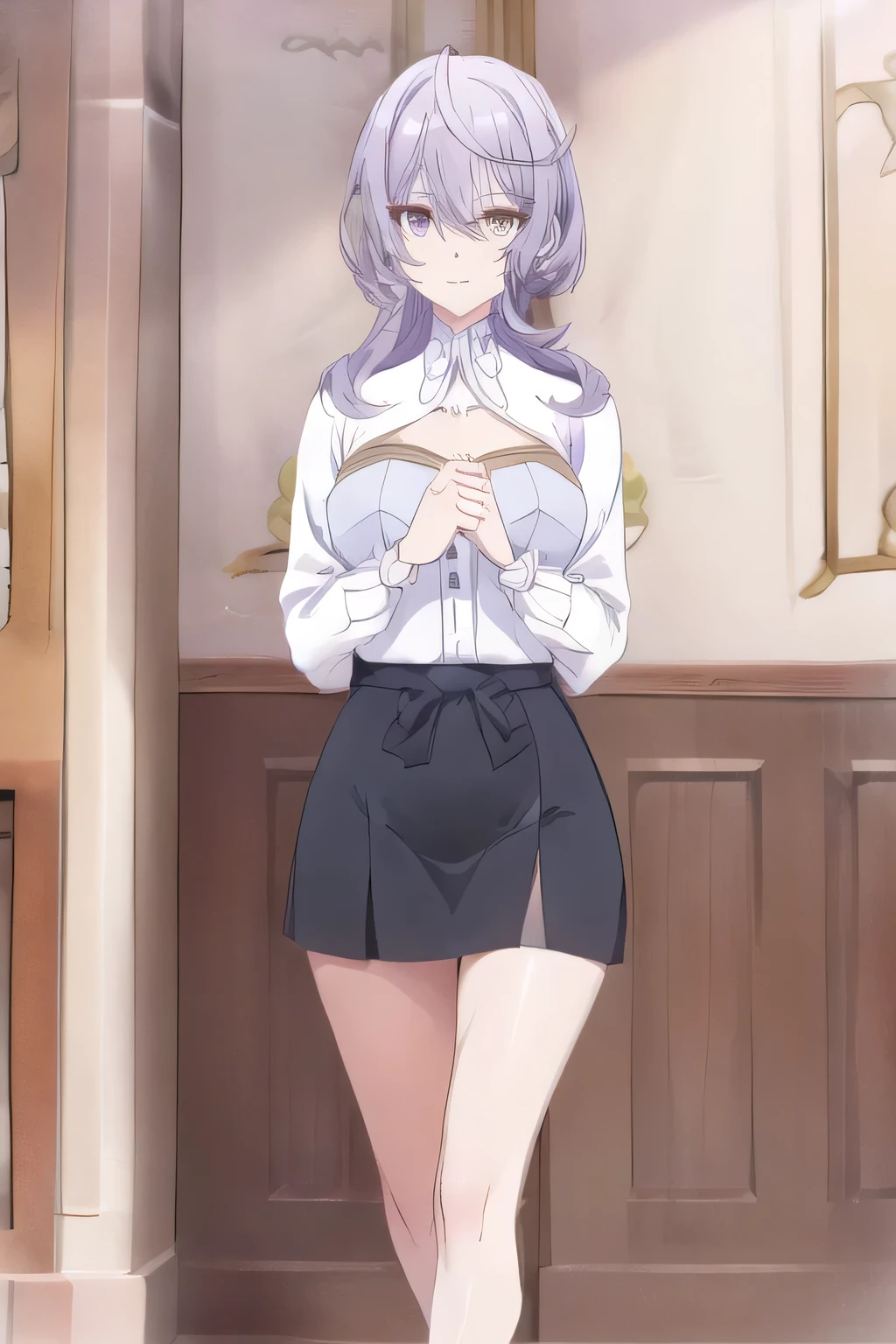 can you draw a woman in an office lady costume,Navy blue suit,white blouse,Navy Blue Mini Skirt,high heels,Can you draw big breasts even bigger breasts,even with big breasts and a thin waist,Beautiful legs,don't shave your face because you need it for work,Can you draw a nice smile,The face is very important,Big breastsをさらにBig breastsに描いて下さい,My nipples are sharp、、When wet, it becomes transparent ,light purple hair,can you depict her expression more delicately,Walking Alone, city tour ,,(((I'm wearing casual tourist style clothes))), I have a SLR camera ,(Let's draw a more delicate look),(sleeveless wool sweater),( Pleated Legs,white panties),(One person is enough for that job {X} Can you draw the perfect balance of suppressing destruction or)、 That's all it takes,grimace。unless work requires it。 {X}、 , Attractive 40-year-old adult woman takes off her uniform, Big black wavy hair, , Big breasts, thin waist , , ,