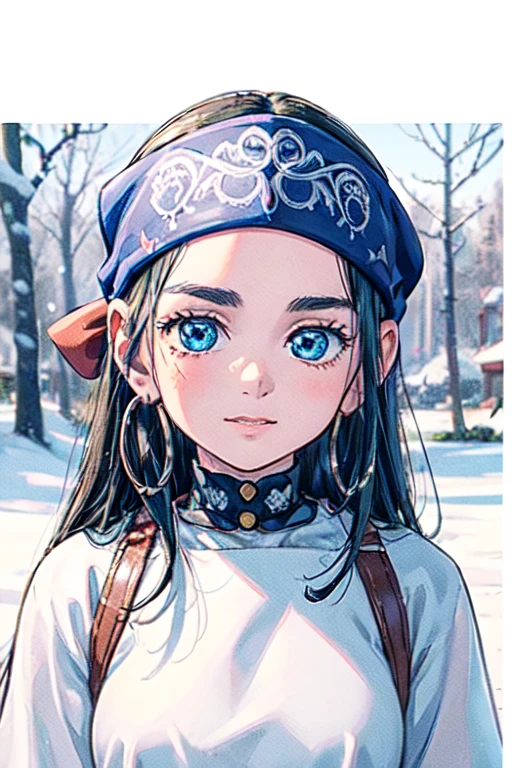(best quality, masterpiece, RAW photo,ultra-detailed:1.2), 1girl,solo,looking at viewer,
asirpa  nature, snow,blue hairband, GJGJAA, 