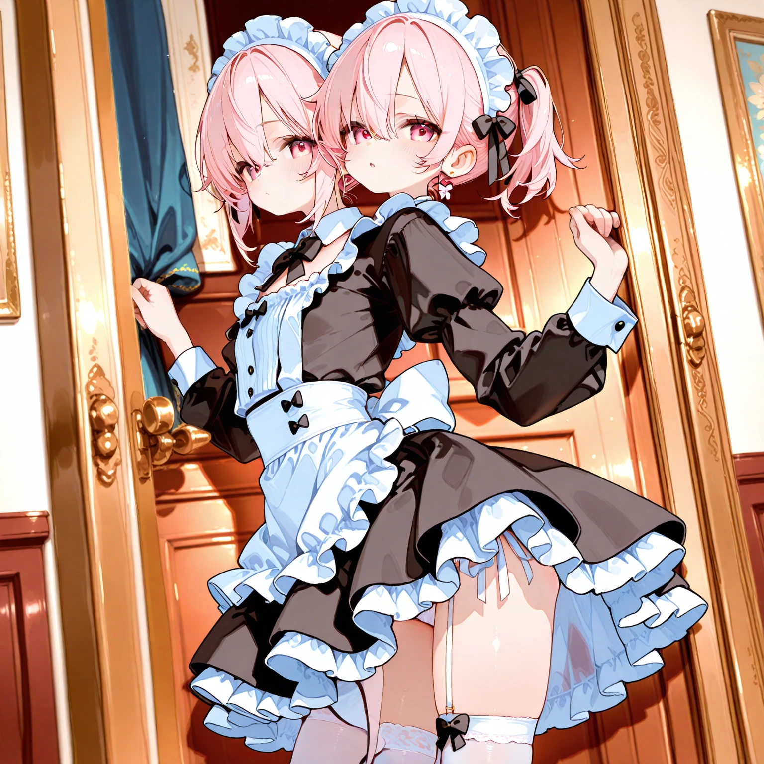 highest quality、masterpiece、((2 girls:1.5))、((smile:1.3))、(blush:1.3)、Black Shirt、blouse、((fun!!))、(Small breasts)、()、Blonde、(Long sleeve)、((White apron:1.5))、((Maid))、((hair ornaments)),、Kamimei、look at me、 ((in house:1.5))、 Taking a break from watching the audience、Cowboy Shot、(Skirt lift:1.3),(Highly detailed pink striped panties:1.3)、(Highly detailed panties:1.3)、、(スカート that rolls up:1.3)、(Panties fully exposed:1.5)、Light blue eyes、long hair、Glowing Eyes
