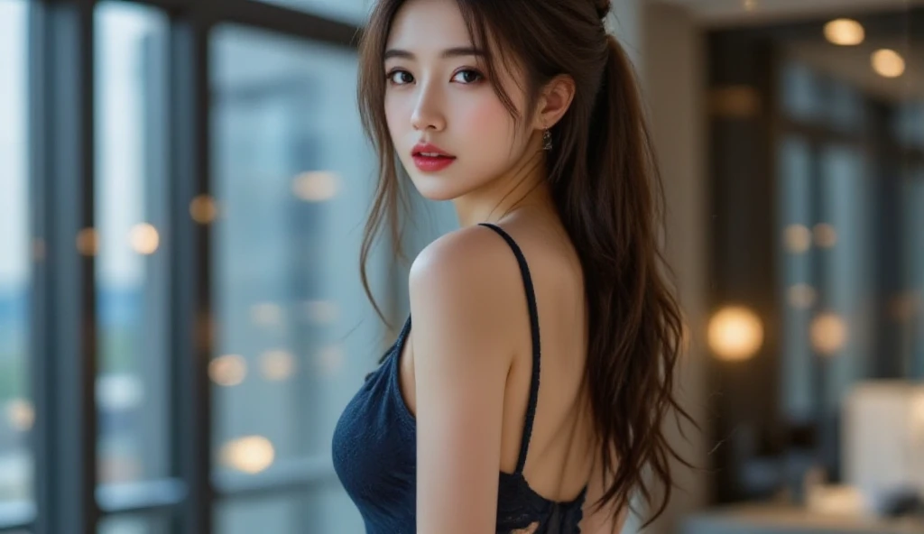 a 19 years old close up of a woman leaning on a railing with her arms crossed, big round breast, wearing a black silk camisole, picture by Torii Kiyomoto, unsplash, shin hanga, Chiho, japanese model, Yoshitomo Nara, takada akemi, ((updo hairstyle, Dark blonde hair, wavy hair, long hair:1.3)), shikamimi, sakimichan, shiori teshirogi