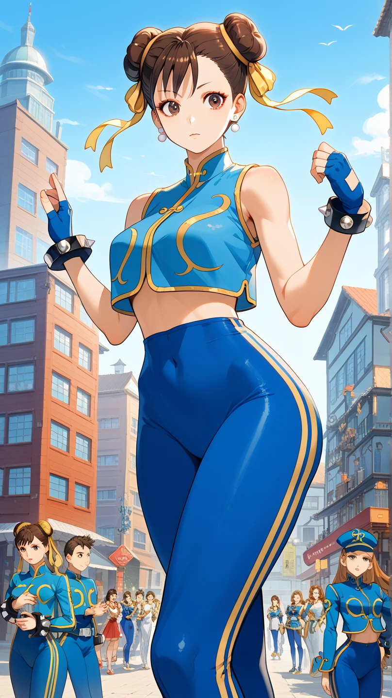 sfchunli, chunli, chinese clothes, bracelets, leggings, twin hair buns, mature woman, standing, cowboy shot, ((solo)),