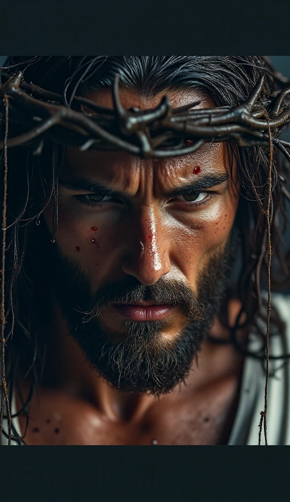 a close-up of a man with a crown of thorns on his head, JesusChrist, jesus face, Jesus of Nazareth, jesus, blood on your face, cyberpunk JesusChrist, holes in a religious man, Christian, by Alessandro Allori, chunky textured face, portrait of JesusChrist, rugged face, Tim Bradstreet, your eyes are bleeding heavily