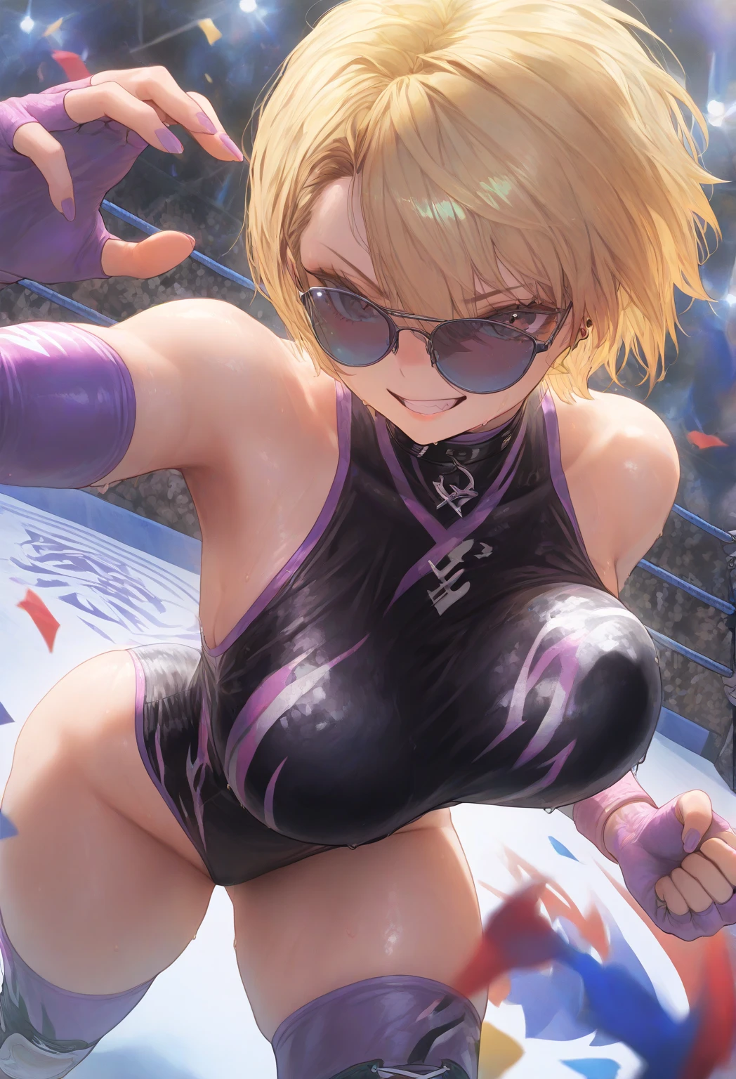 Nsfw,(highest quality,8K,32k,masterpiece),(High resolution),Super detailed,very beautiful face and eyes,1 girl,(close,highest quality,high detail,Rich skin details),(highest quality,8K,oil paint:1.2),Super detailed,tareme,
Blond hair,short hair,Complements a variety of shades of black,There is a delicate makeup,shining face,Exquisite,Brilliantred eyes,Feel like a sweet girl,gigantic breast,nipples,pussy,spread legs,(black sringshot swimsuit:1.4),(in stage:1.5),(full-face blush:1.5),(standing naked men,penis,handjob:1.5) ,(people, crowd: 1.3)