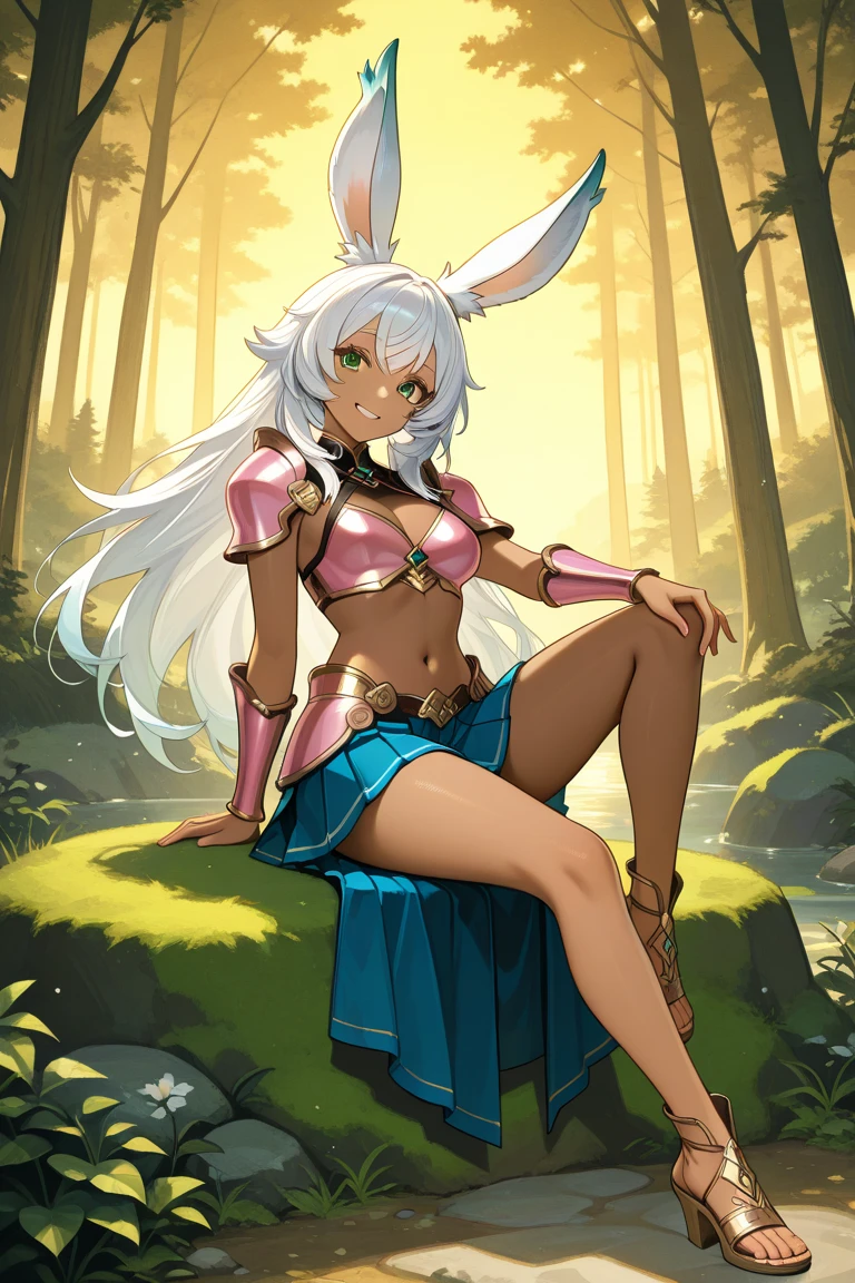 NSFW, anthro, furry, wide hips, looking at you, cute, white hair, teal eyes, blushing, furry art, masterpiece, transparent background, flowers on e621, feline, white ears, pink hair, tail, pink tail, tail on body, tail lifted, darkskin, white hair. staff, weapon, fantasy, bikini armor, knee high socks, gloves