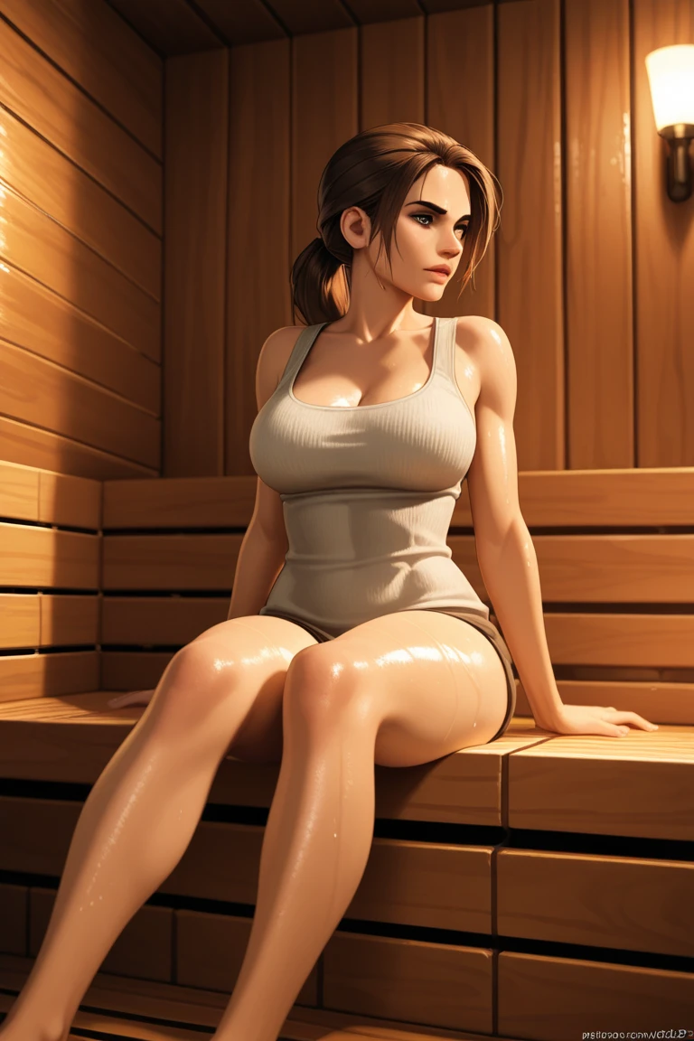20 years old woman, Short brown hair, Mediterranean with blue eyes, Generous and heavy breasts, slender waist, estomac defini, fesses rebondies et pulpeuses, naturally curved, muscular thighs, aguicheuse, in a sauna, close eyes , sweaty,