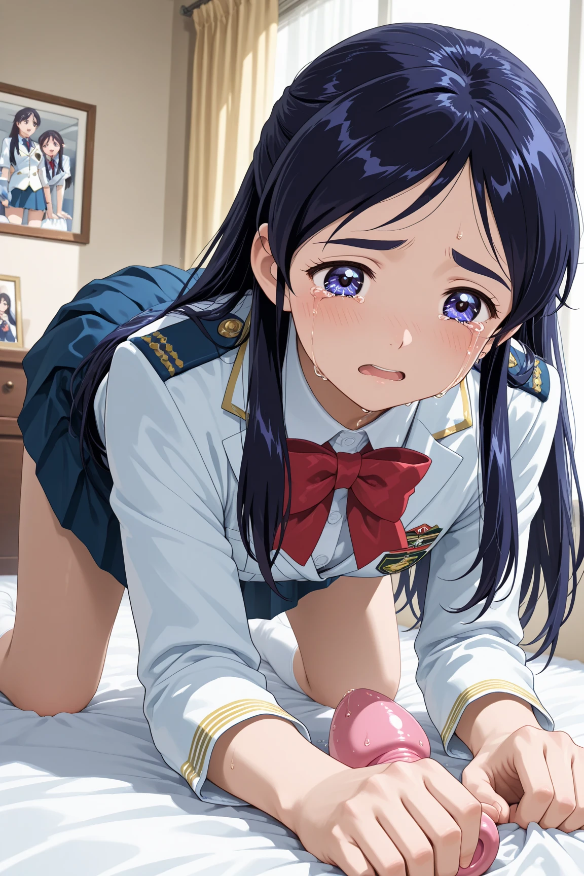 Japanese women　Black Hair　Short bob hair　bed　In a sailor suit　Micro Mini Skirt、Blue and black checkered mini skirt、Blindfold, Tie one&#39;s hands and feet with rope　Bird&#39;s Eye View　(whole body:1.4)　Bright room　(White panties visible through the skirt:0.7)　lie、blush