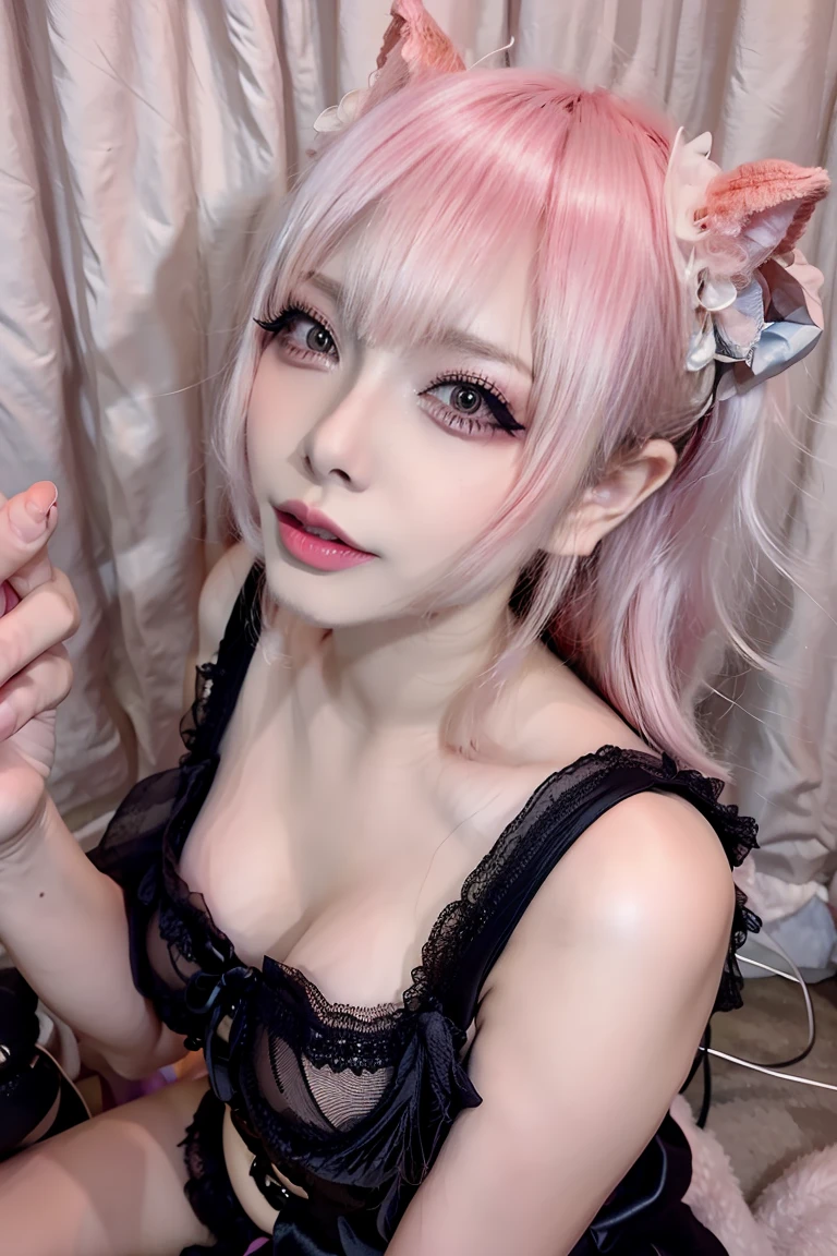 1girl, solo, long hair, breasts, looking at viewer, smile, large breasts, cleavage, bare shoulders, collarbone, upper body, pink hair, choker, pink eyes, circlet