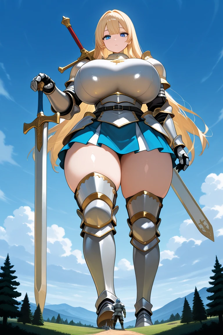 ((highest quality)), ((masterpiece)), ((hyperrealistic)), (detailed background), solo, 1girl, ((curvy: 1.2)), kawaii, smile, dark princess, ((armored dress: 1.3)), langrisser, blonde braided long hair, Ahoge, (paladin armor), ((Tight-fitting leotard bodysuit)), ((large breasts)), ((arm guard gauntlet)), (metal harness breastplate), belt waist armor, orbstaff, ((zettai ryouiki knee socks boots)), (big butt), (cleavage cutout), (Groin), (thighs), perfect cloak, beautiful aqua eyes, droopy eyes, perfect face, Perfect hands, perfect fingers, Blue sky and grassland, posing,