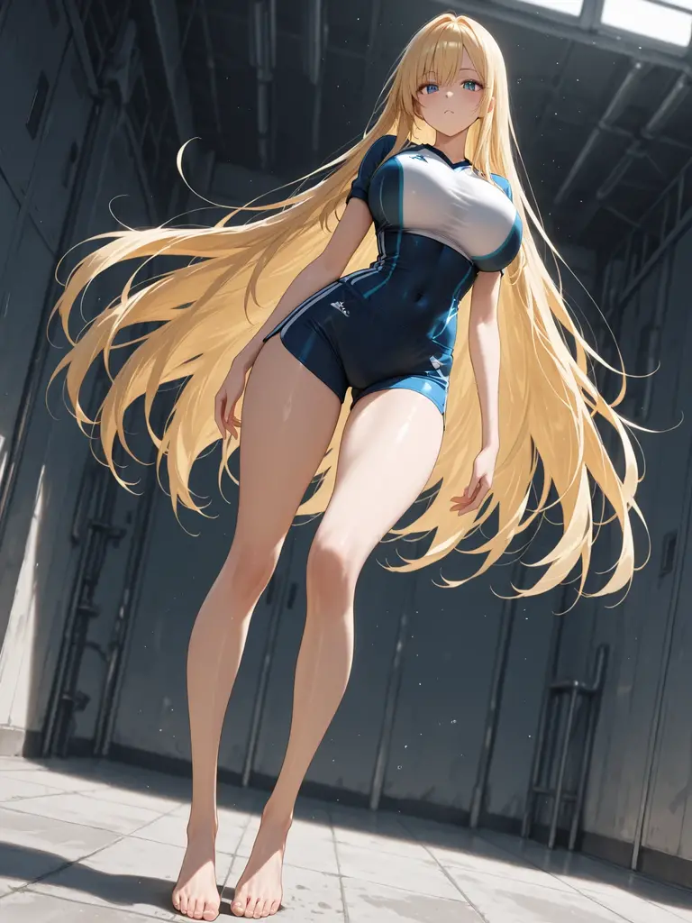 1 girl, Long sleeve one piece swimsuit, over the knee boots with high heels, wide hips, big breast, blonde hair, blue eyes 