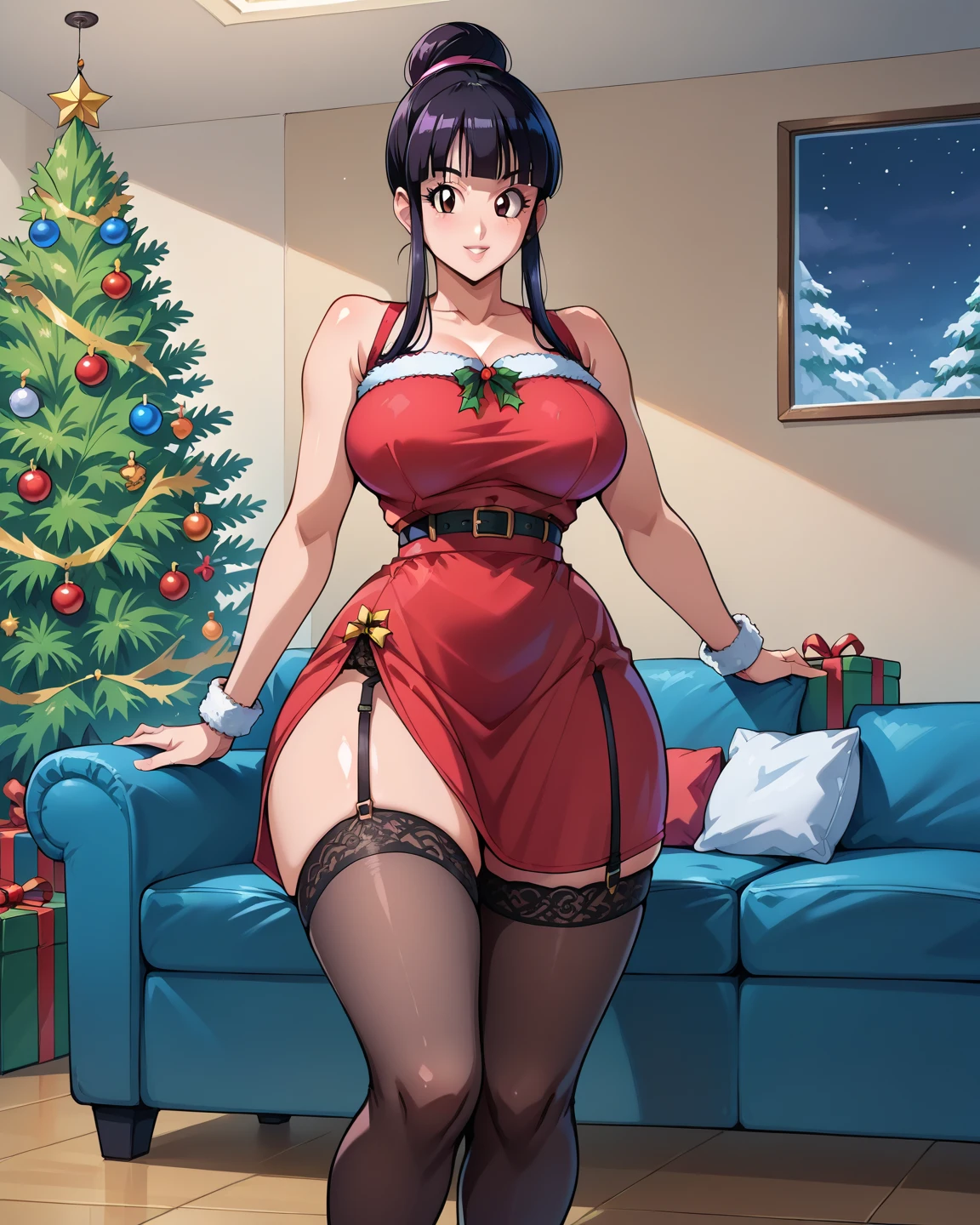 sexy woman, mature, milf, huge breasts, large breasts, curvy, voluptuous, black hair (straight bangs), red eyes, long hair, christmas bikini, santa hat, earrings, grinning, standing, house, indoors, night time