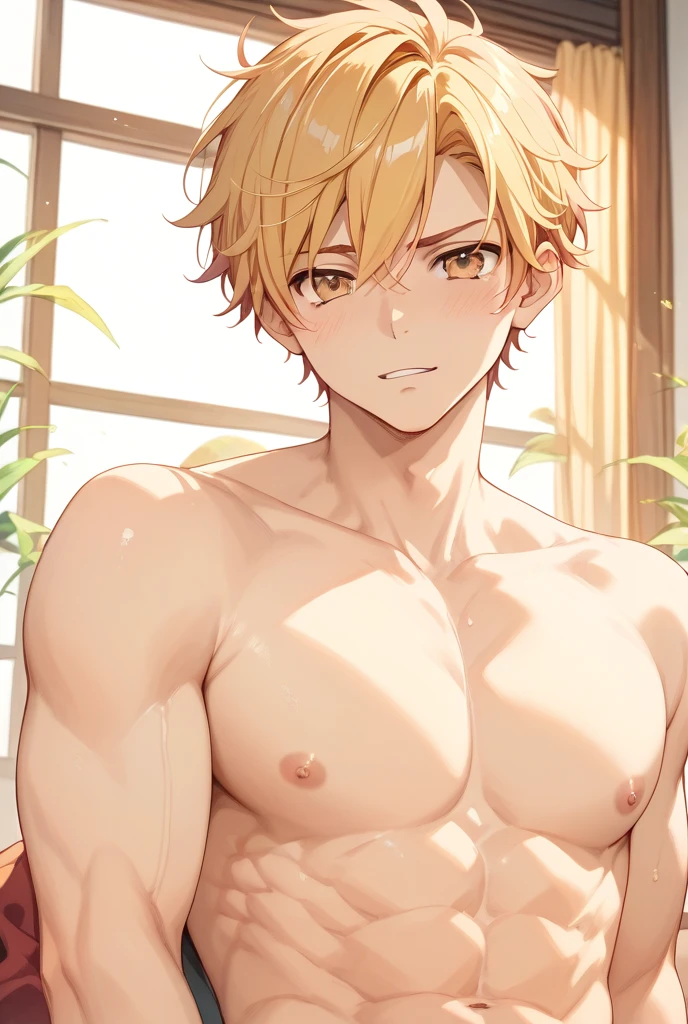 1boy, male_focus, short_hair, wilde_hair, (blonde_hair), solo, (masterpiece, top quality, best quality, official art), very detailed, colorful, most detailed, short hair, , handsome_man, wavy_hair, (upper_body), ((side_view, looking_at_viewer)), ((smirk)), closed_mouth, ken kaneki, artwork in the style of guweiz, best anime 8k konachan wallpaper, hajime yatate, in an anime style, satoru gojo, denji