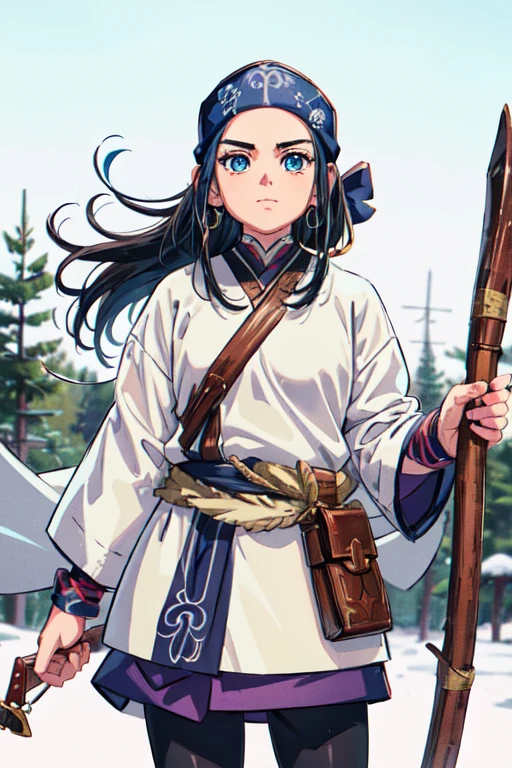 (top quality, masterpiece, raw photo,Super Detailed:1.2), (best quality, masterpiece, RAW photo,ultra-detailed:1.2), 1girl,solo,looking at viewer,
asirpa  nature, snow,blue hairband, GJGJAA, Nishikawa Sori in Maple Story 1, pixiv contest winners, what is it？, Blue Scales.  Playing in the snow , Weak with Arrows々Beautiful girl, Naranbaatar Gambold, ninja scroll anime style, detailed character art,  dress , wind sorcerer!, HD artwork, Inspired by,Alone,stare at viewers, brave face、 Ainu folk costume、Ashilpa、Shooting a bow、GJGJAA, 