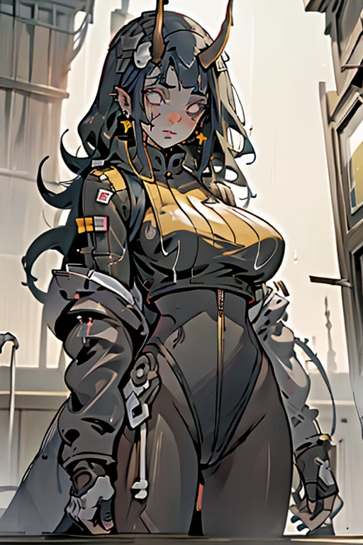 1 girl, muscular, Pale skin,  Black Hair ,Yellow eyes, Black Hair, Huge breasts, muscular的, Black long hair, Legion pilot, Thick Customization, raised eyebrows, black clothing, Crocodile，（（（Crazy breast swelling）））（（非常Huge breasts）），（（Grooves reveal original skin））