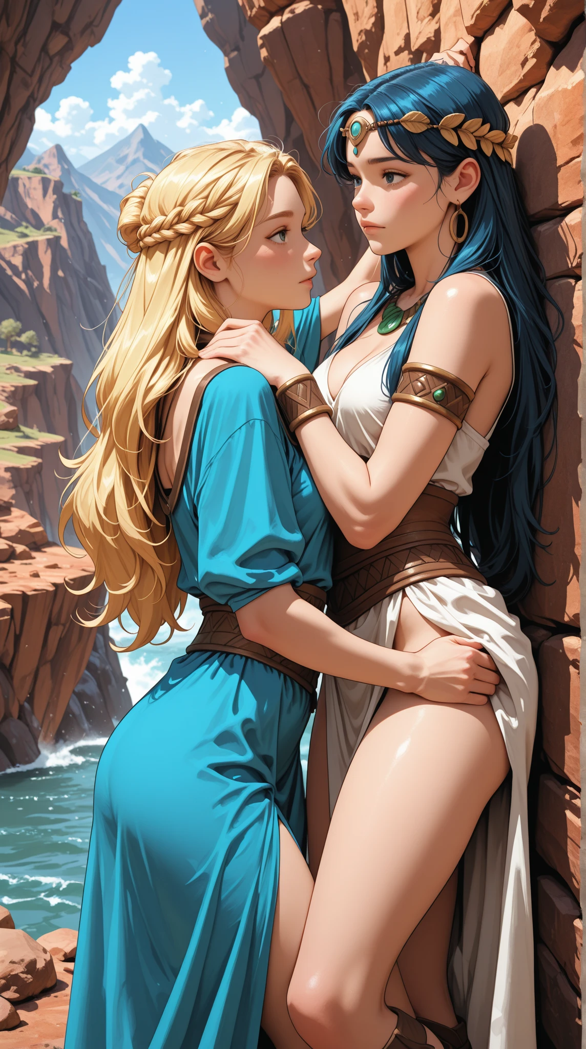 princess zelda, 2 women, one of them blonde very long hair, the other ponytail, blue eyes, one of them wearing a sexy pink dress with side slit, one of them wearing a blue bikini, ultrasharp, looking at the viewer, ((best quality)), ((masterpiece)), (detailed), perfect face, big breast, sexy body, sexy woman on top of her, hugged, An anime scene of two women hugging and kissing intensely, touching chest, as they lie down in bed